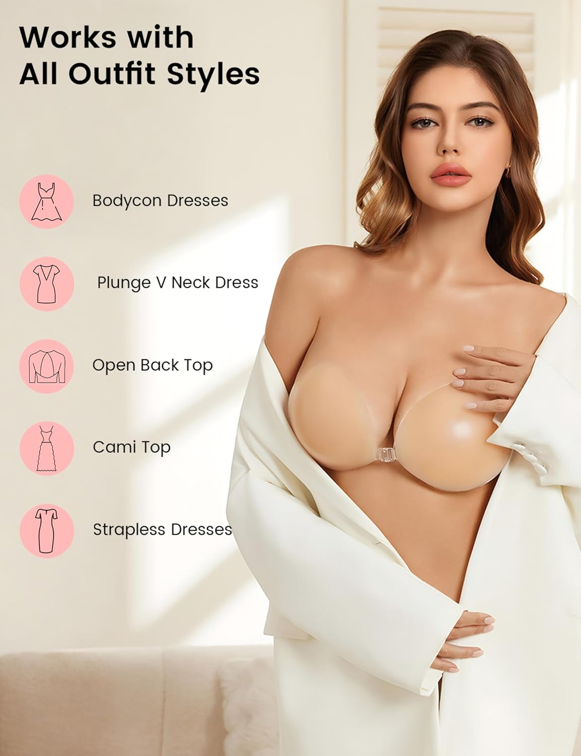 Rosefly Liquid Silicone Sticky Bra, Strapless Push Up with Palm Support, Reusable Invisible Adhesive Bra for Women