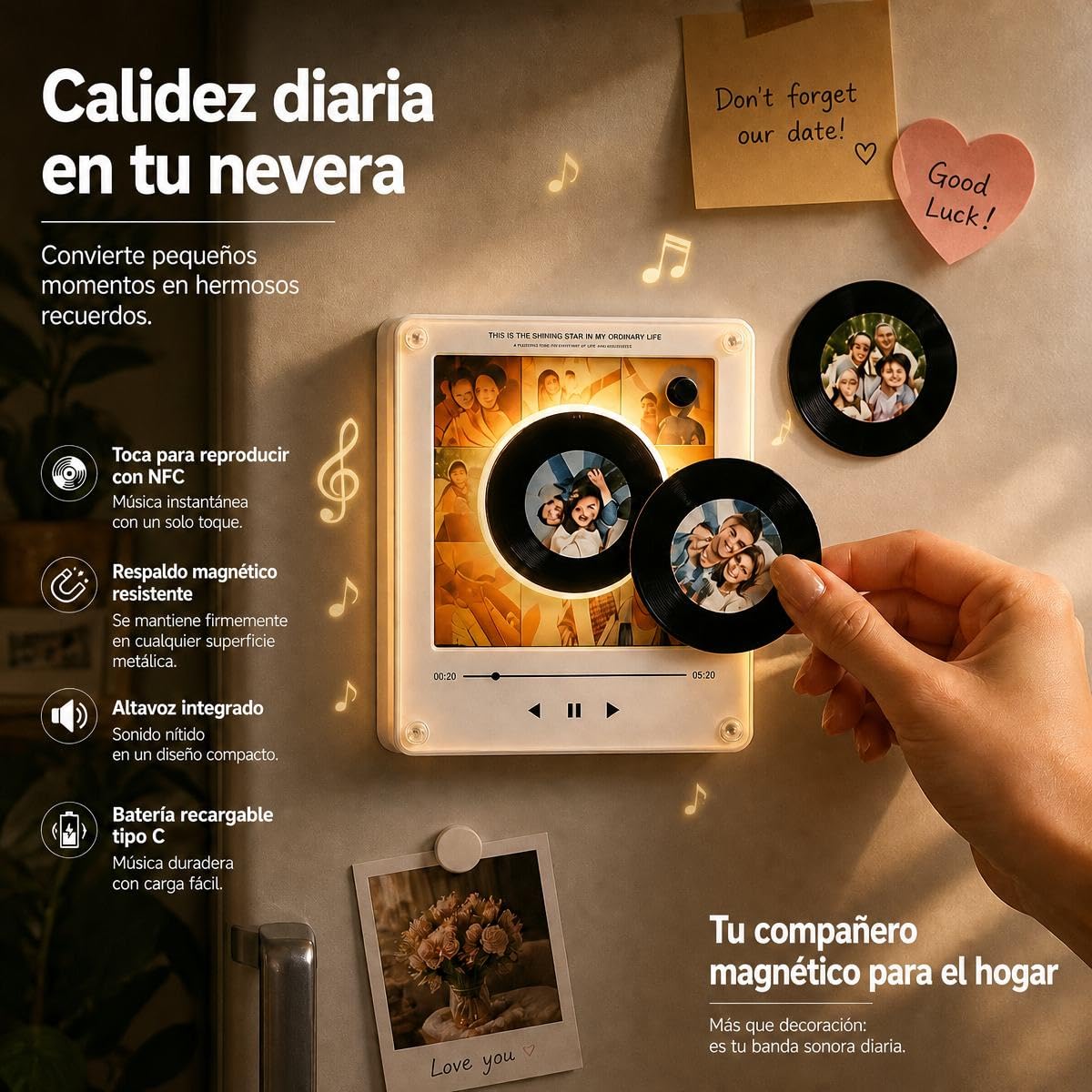 Imanes Personalizados Nevera con Música y Foto Reproductor de Música con 9 Mini Vinilos, Marco Fotos Magnético Luz LED, Caja Música NFC Regalo Aniversario Pareja