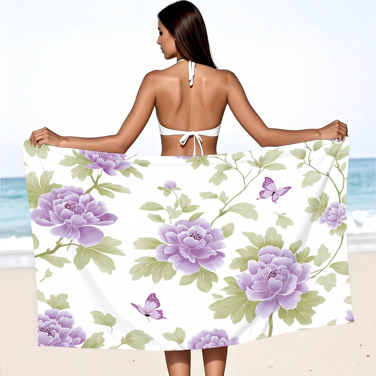 Générique Grande Serviette de Plage 230 x 210 CM,Drap de Plage Microfibre,Couverture de Plage Absorbante Rapide pour Classique, Néo-Chinois, Élégant Motifs Floraux, Papillons en Vol
