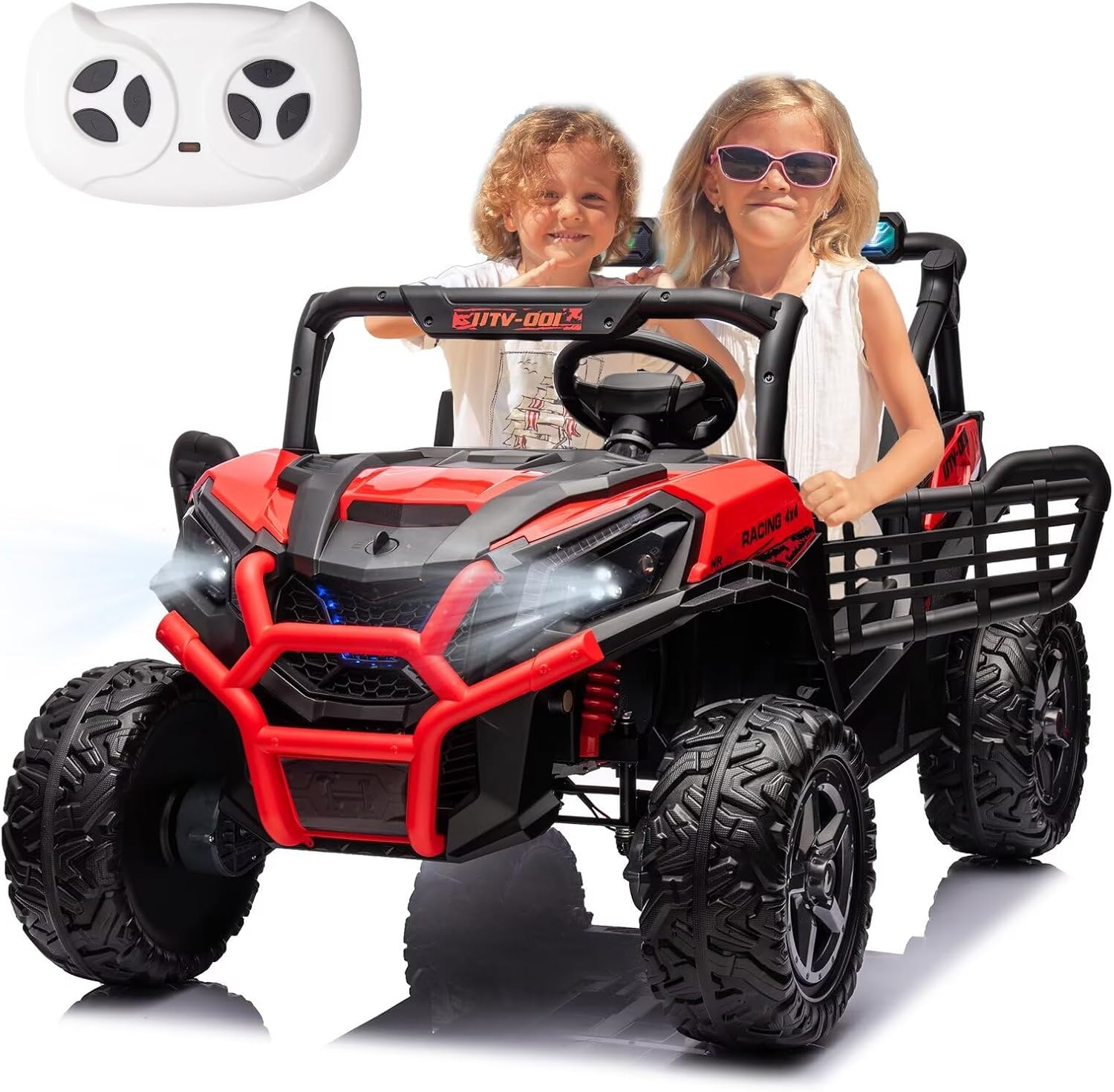 24V 2 Seats Kids Ride on Car w/Remote Control 4WD Off-Road UTV Truck Ride on Buggy Car for Kids Rubber Wheels Battery Powered Electric Vehicle Side by Side, LED Light, Music