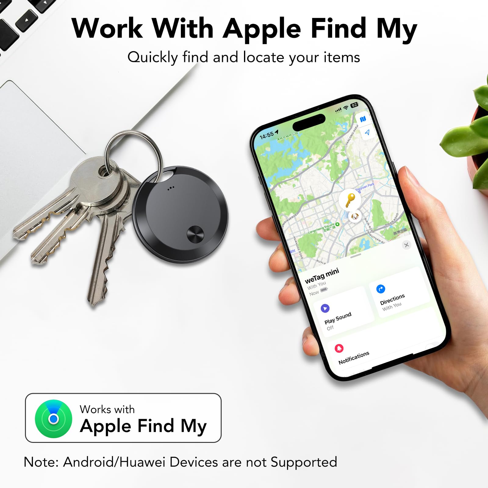 aowoka Air Tracker Tags-4 Pack: Smart Bluetooth Tracker, Item Finder Works with Apple Find My (iOS Only) App, Trakcer Tag Locator for Keys, Luggage, Satchel, Backpack etc. (Not for Android Devices) in use