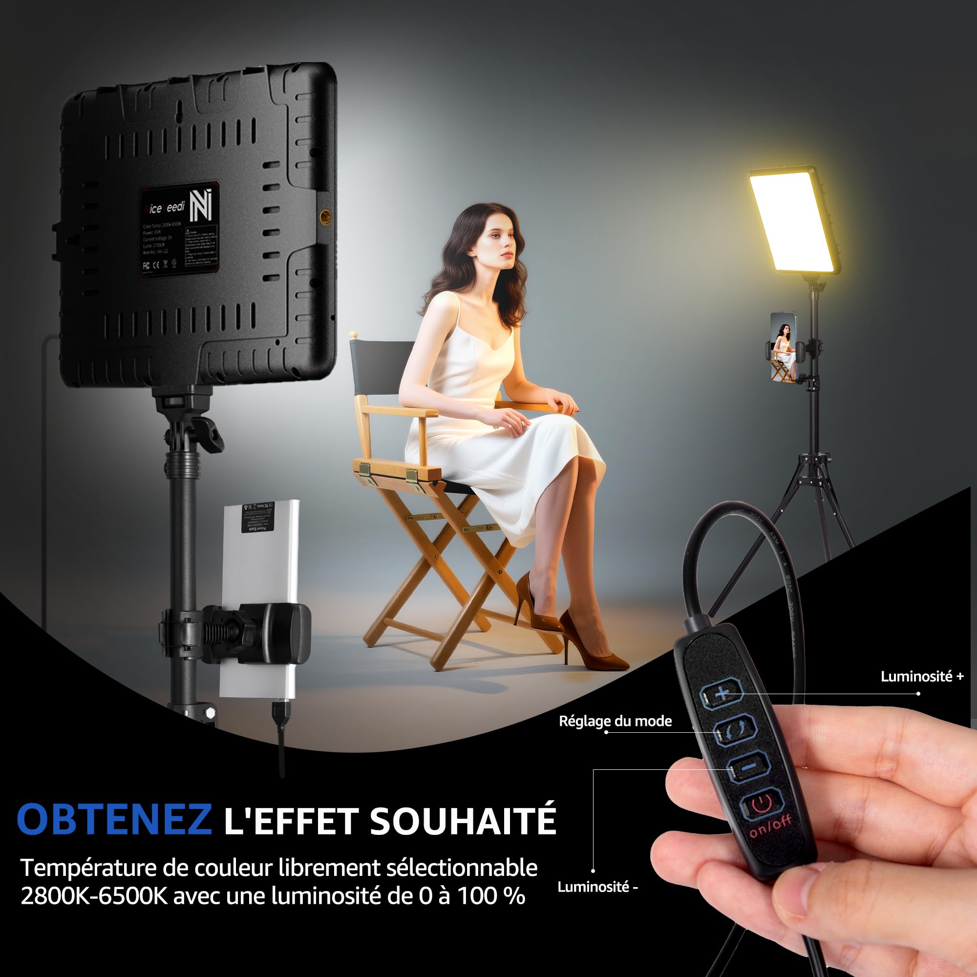 25cm*20cm Lumiere Photo, Lot de 2Panneau d'Éclairage Vidéo LED Kit 2800-6500 K avec USB/Support de téléphone, 185cm Kit D'éclairage de Photographie à Intensité Variable pour Portrait/TikTok (2 Pack)