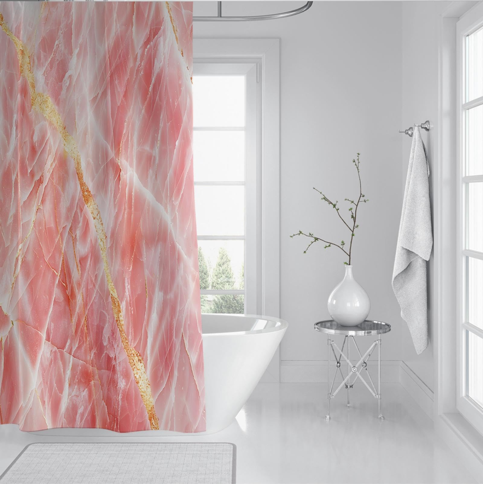 Elegance Cortina de Ducha Rosa Blanco Mármol Crepitante Ombre con Líneas Doradas Brillantes Forro de Cortina de Ducha con 12 Ganchos de Plástico 180x200