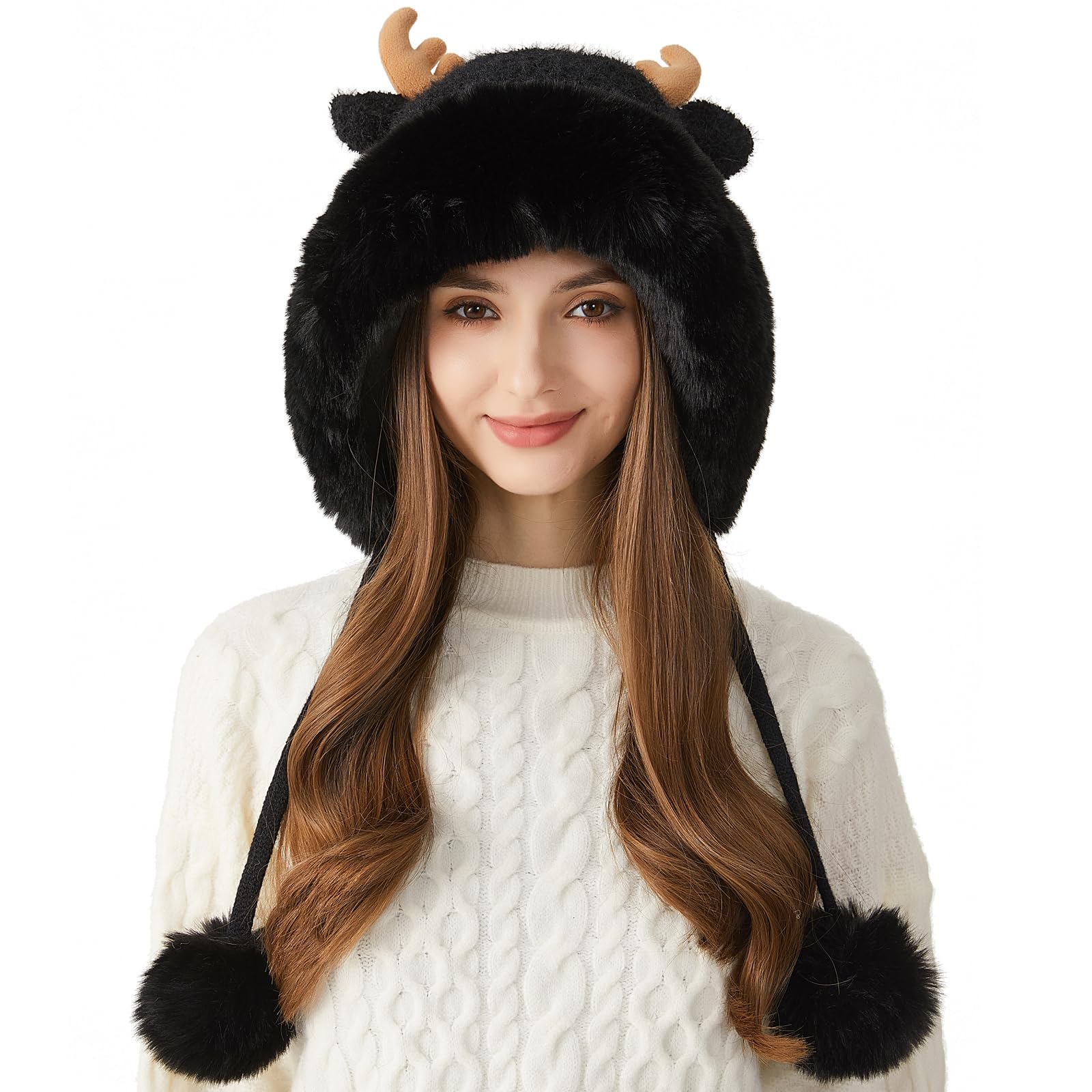 HUAMULAN Women Winter Sherpa Beanie Hats Knit Ear Flaps Cover Ears Antler Fleece Lined Ski Snow Hat 2 Pompoms