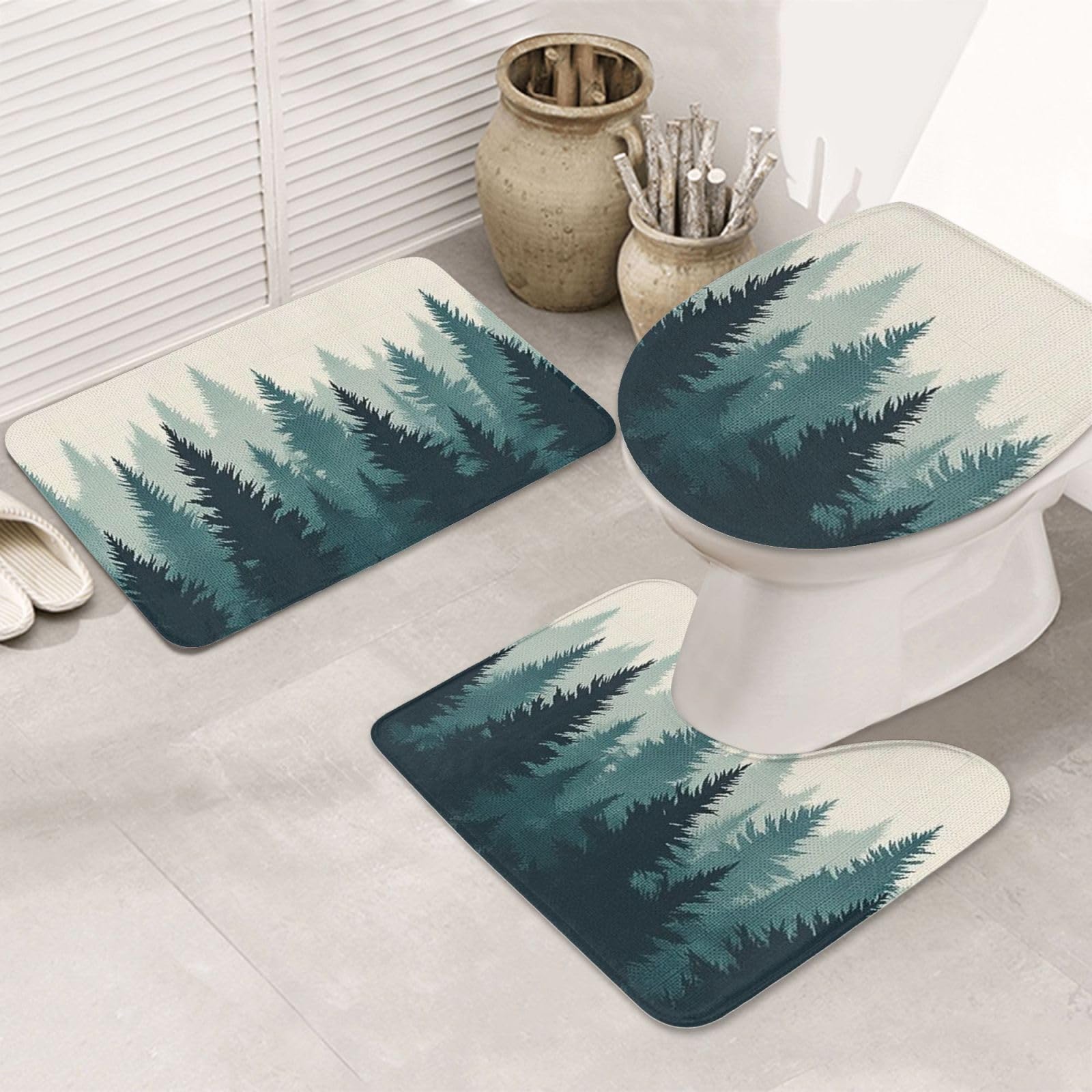 Misty Forest - Set di 3 tappeti da bagno in memory foam, morbidi e assorbenti, a forma di U, decorazione per la casa, asciugatura rapida