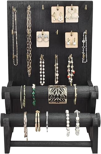 Miniatura 3 de Ikee Design Soporte de exhibición de madera de alta calidad para joyas con 18 ganchos y soportes extraíbles, elegante organizador de aretes y