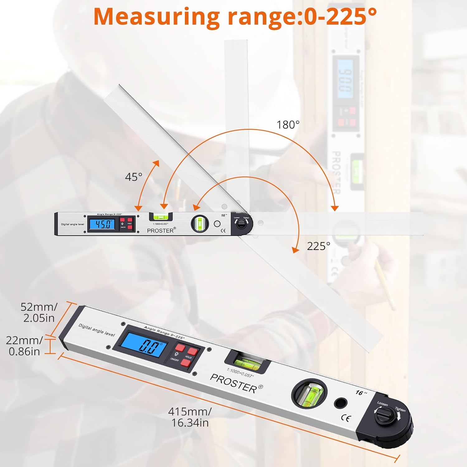 Proster Digital Angle Finder showing its dimensions and measurement range from 0 to 225 degrees.