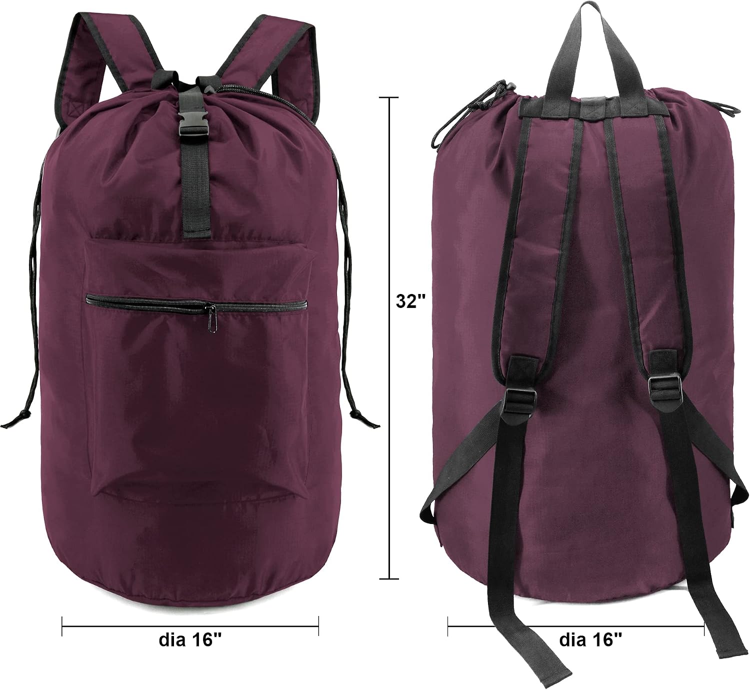 BeeGreen Laundry-Bag-Backpack-Heavy-Duty, Burgundy Nylon Drawstring Portable Laundry Backpack Foldable Extra Large Dirty Clothes Travel Bag College Dorm Apartment Essentials