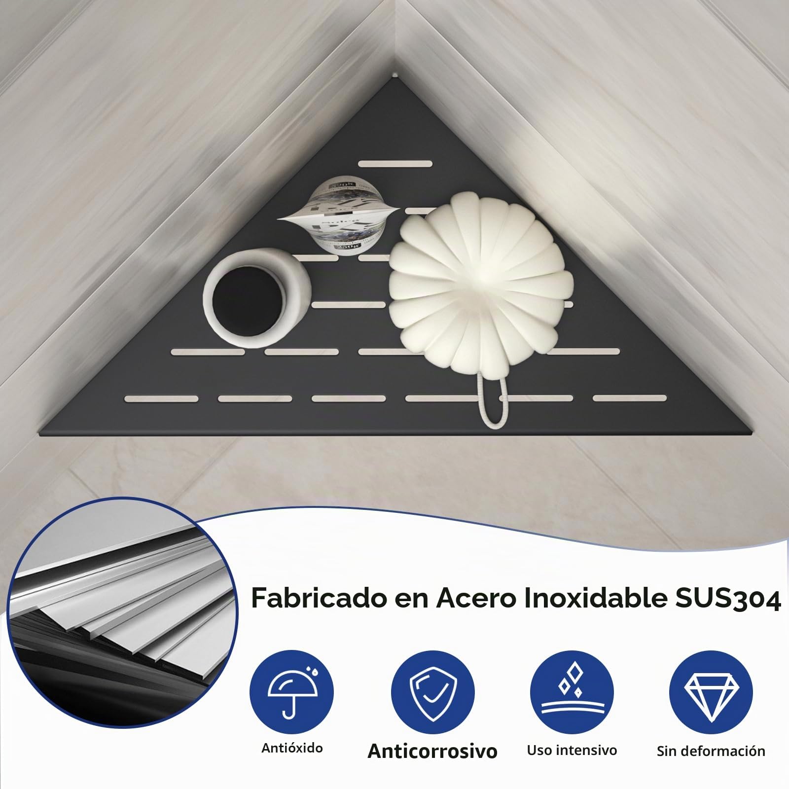 Estantería esquinera para Ducha de 305 mm, Color Negro Mate, Acero Inoxidable 304, estantería de Esquina empotrada, para Pared de Azulejos, sin taladrar, 2 Unidades