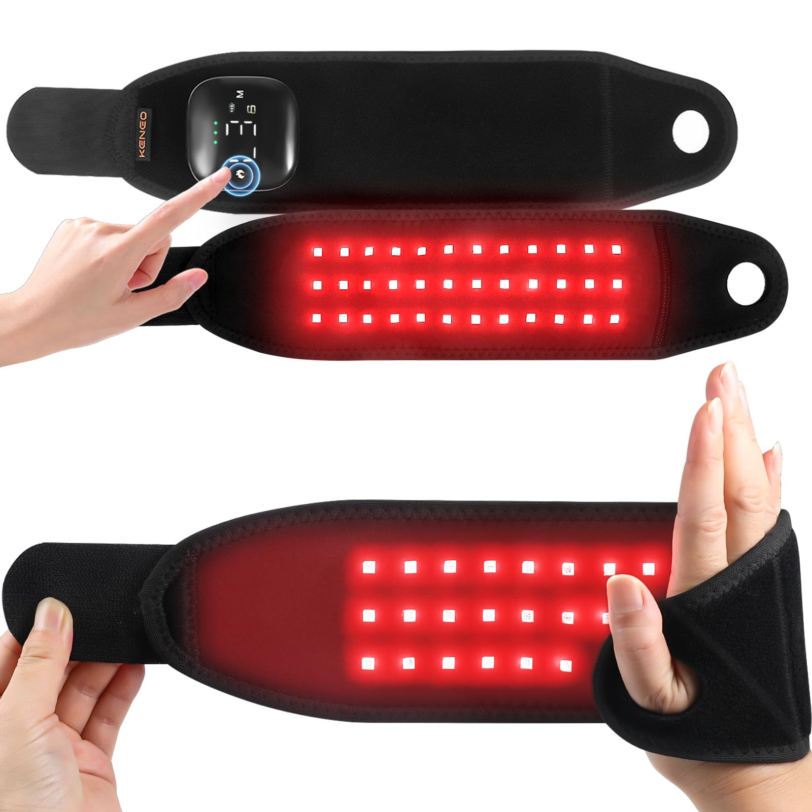 Keneo Pulsera de terapia de luz roja para mano y muñeca, dispositivo de luz infrarroja cercana de 660 nm y 850 nm, 3 ajustes de masaje de calor y vibración, 2000 mAh inalámbrico, 36 LED para mayor