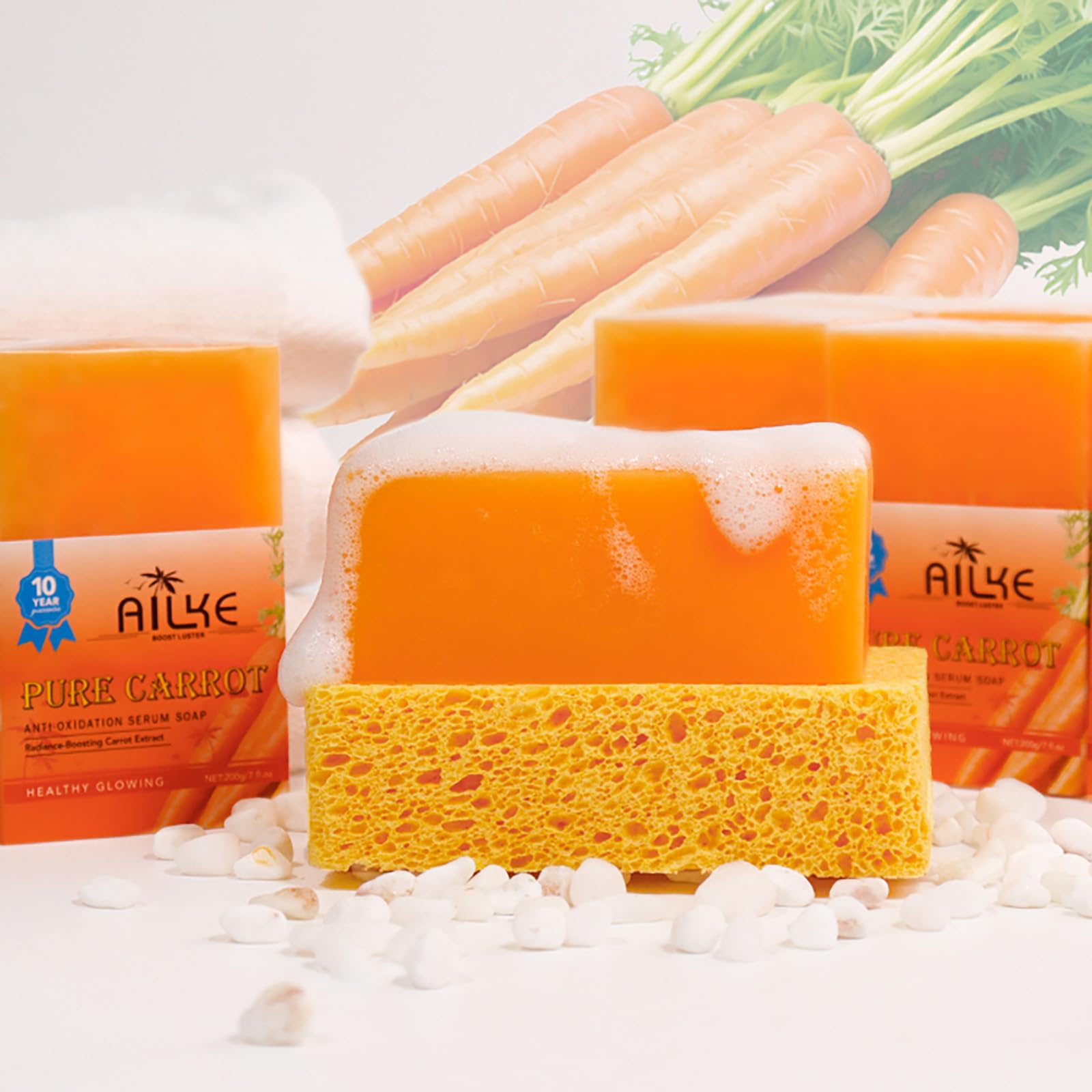 AILKE Pure Natural Carrot Whitening Serum mydło w kostce, czyste plamy i resztki makijażu, redukuje ciemne plamy, mydło rozjaśniające skórę twarzy, ciała, rąk, 200 g (5 szt.)