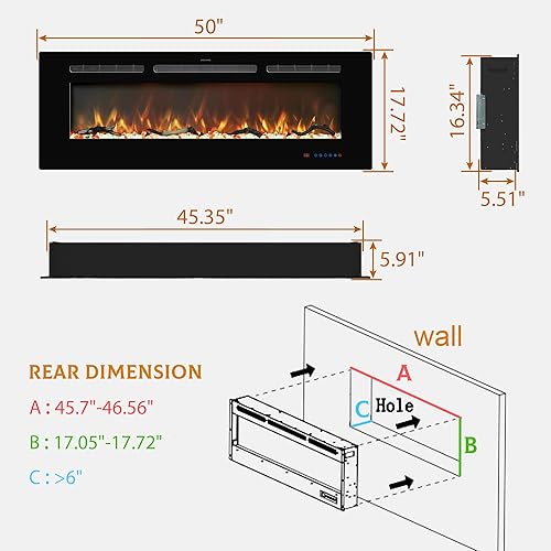 Miniatura 6 de Insertos de chimenea eléctrica de 50 pulgadas, calentador de chimenea empotrado y montado en la pared, chimenea lineal con termostato, control
