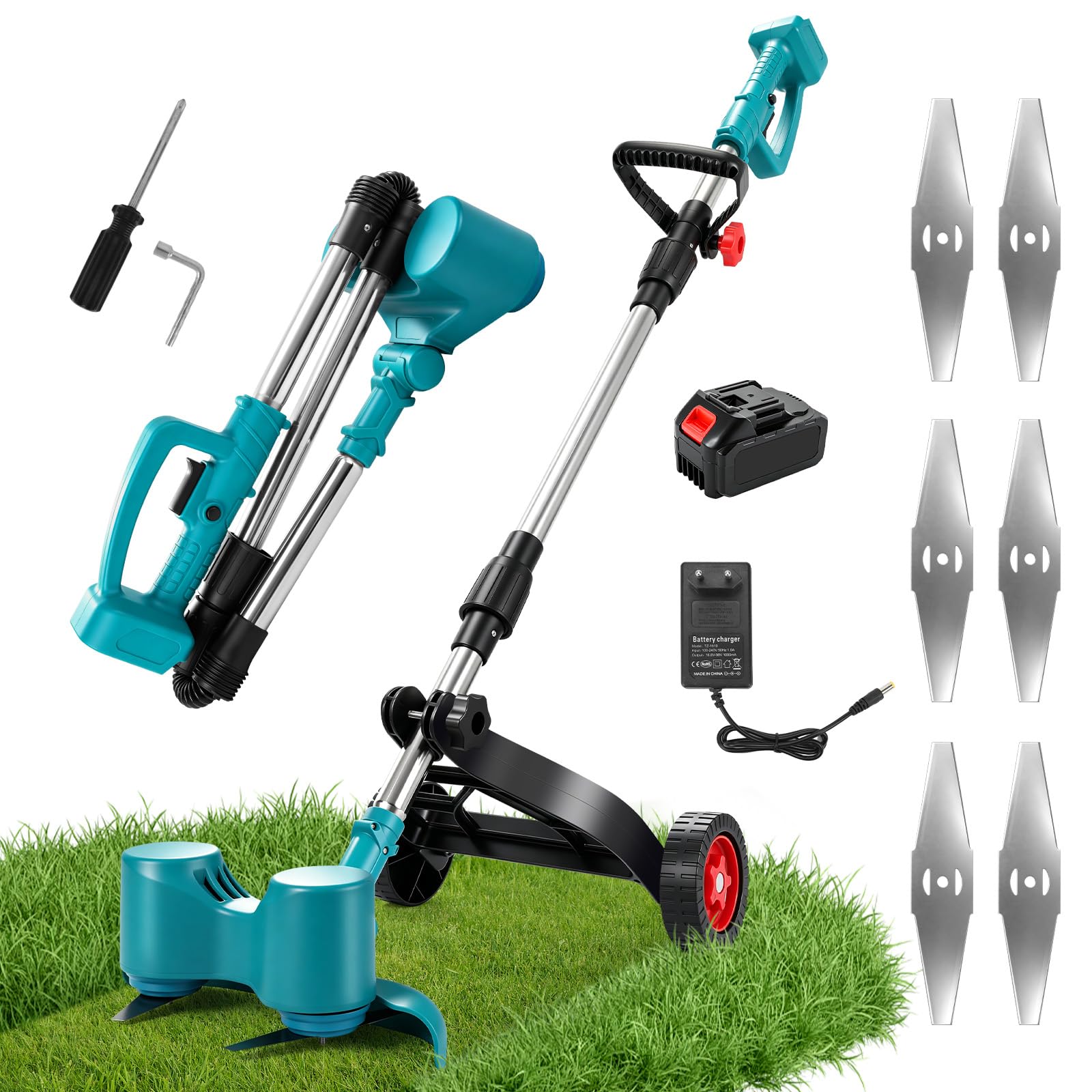 Desbrozadora inalámbrica con batería de 3000 mAh y cargador, 15000 rpm, cortacésped giratorio de doble cabeza con 6 cuchillas + rueda de apoyo, plegable y portátil, para jardín y malas hierbas