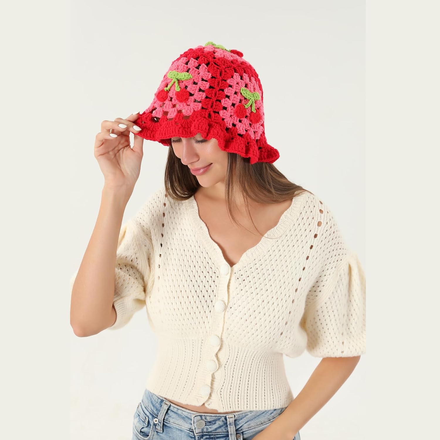 Fiewmay Crochet Bucket Hat for Women Handmade Floral Hat Portable Knitted Elastic Cute Beach Hat for Vacation Traveling - Image 2