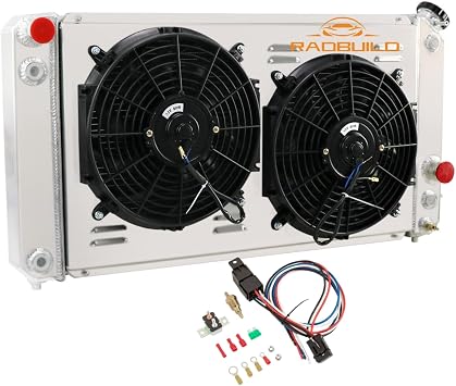 CU1826 Radiator for 1994-2005 Chevy S10 Blazer 1500 Truck Aluminum Radiador for GMC Jimmy Isuzu Hombre V6 4.3L 3 Row Crossflow Radiators Shroud 2x12 Fans Thermostat Relay Kit 95 96 97 98 99