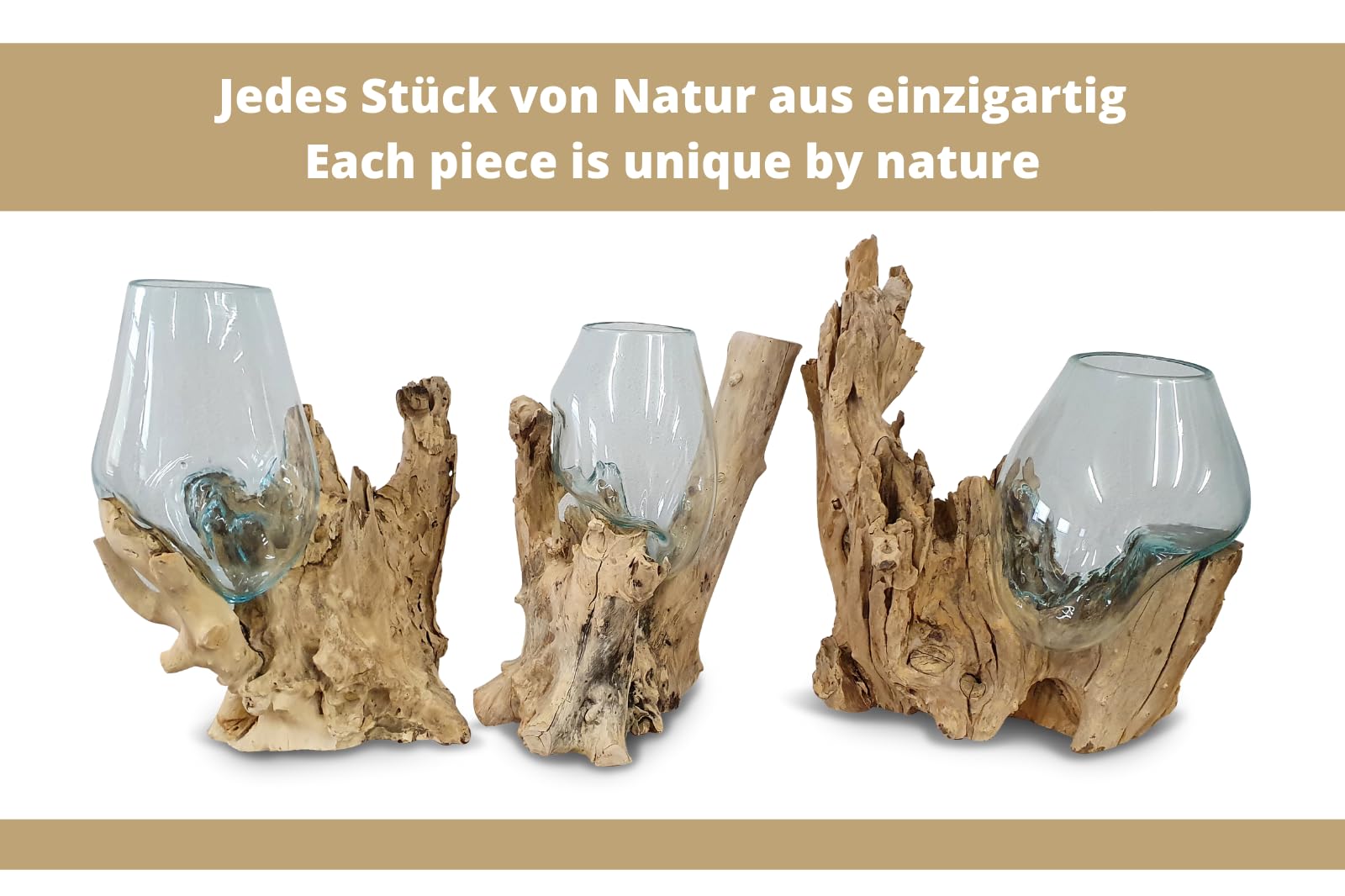 Vetro fuso su radice - ciotola di vetro su radice - legno teak con vaso di vetro o ciotola (vetro 30-50 x 35 cm)
