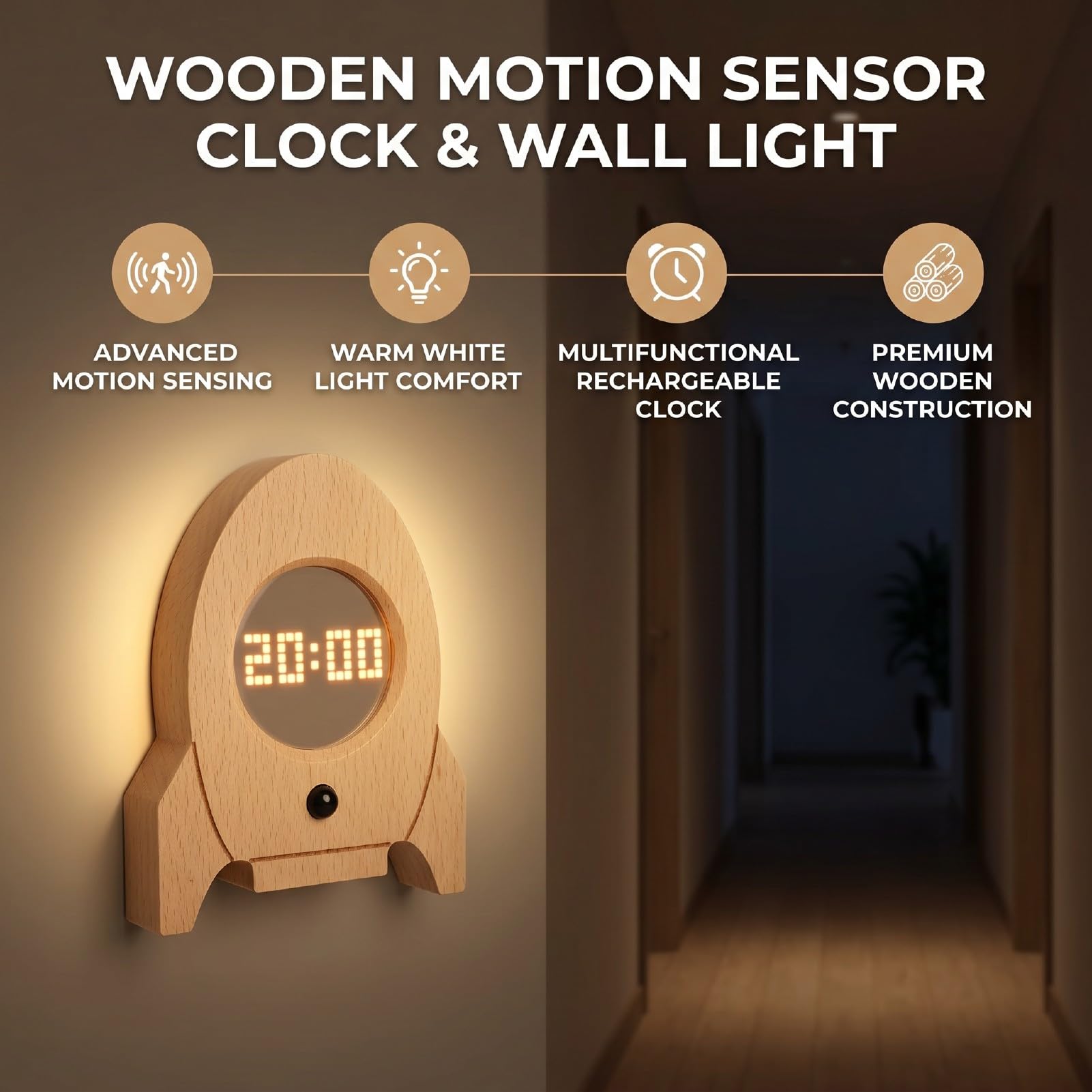 Tosuny Holz Bewegungsmelder Wandlampe mit Uhr für Schlafzimmer