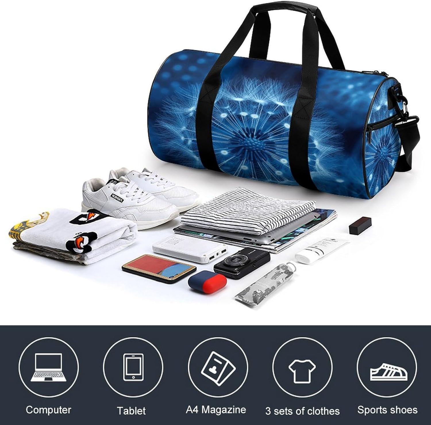 Aesthetic Sports Bag for Women Blue Dandelion Printed Duffle Travel Bag for Men Women Mini Workout Bags Cylindrical Gym Bag
