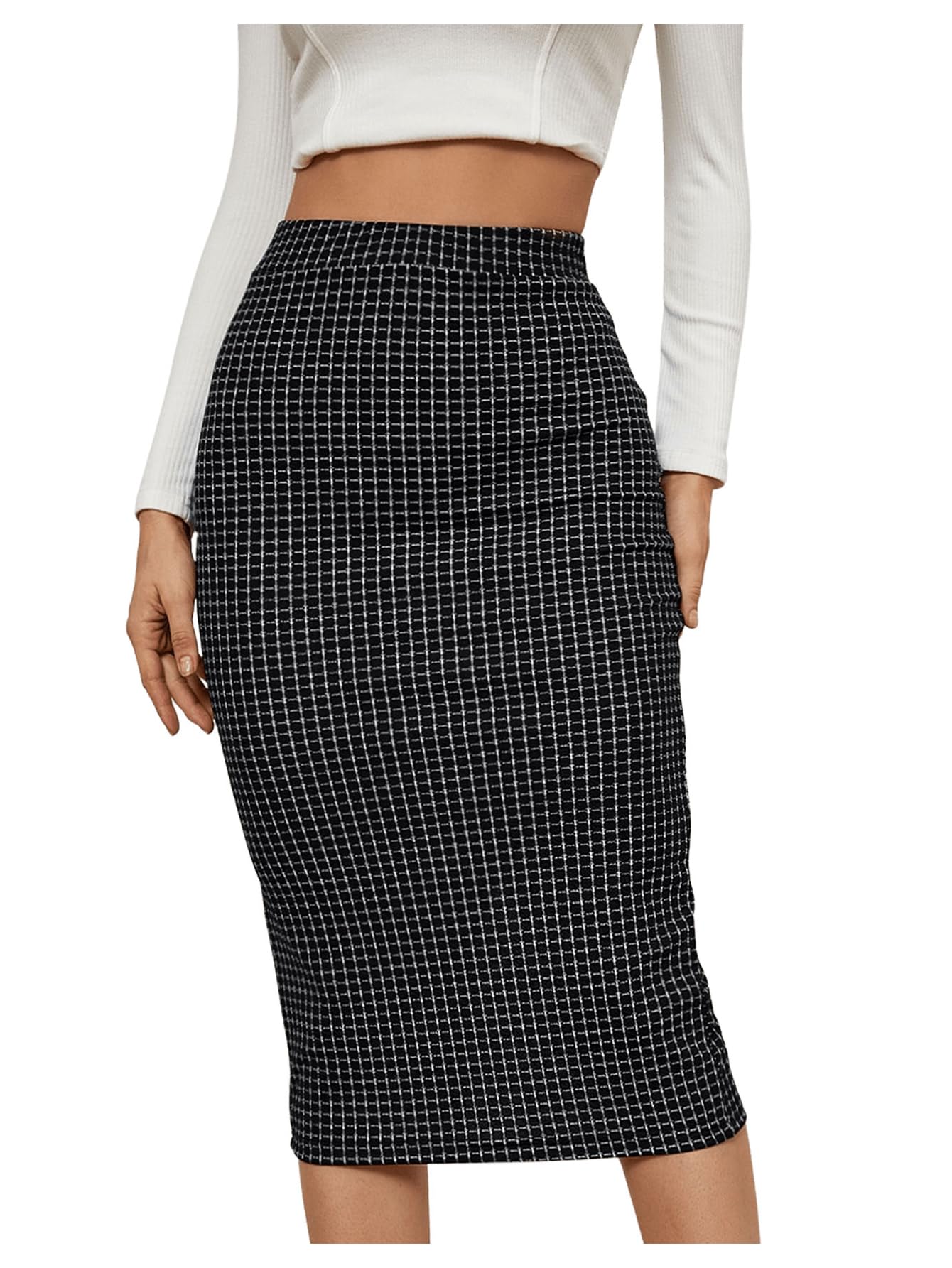 Womens Elegant Plaid Pencil Skirt High Waisted Split Bodycon Business Casual Skirts