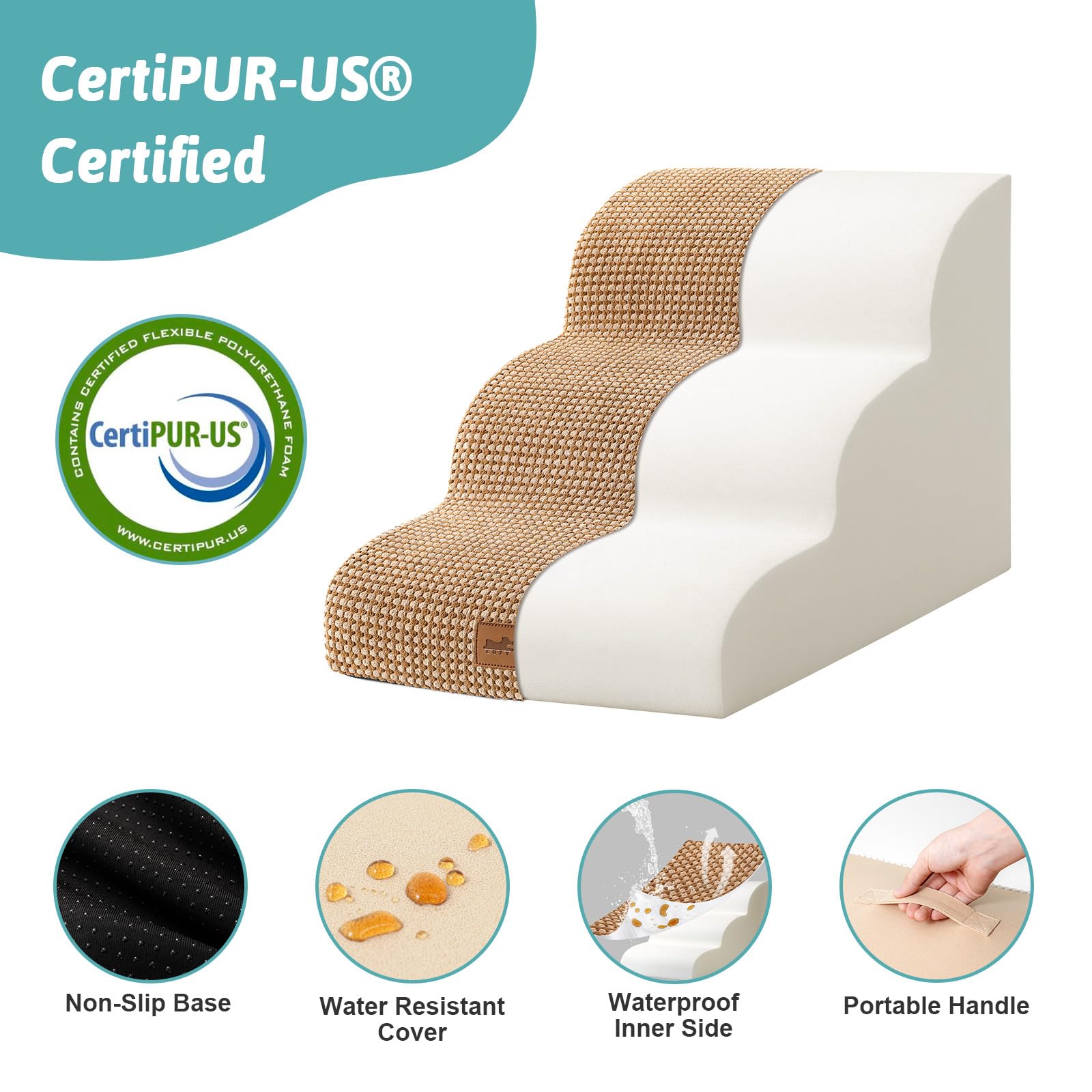 COZY KISS Scale per Cani di Piccola, Scale per Animali per Letto, Divano e Sedia, Rampa per Gatti con Rivestimento Lavabile e Fondo Antiscivolo, Leggera, 40x57x40cm, 3 Gradini, Marrone Chiaro