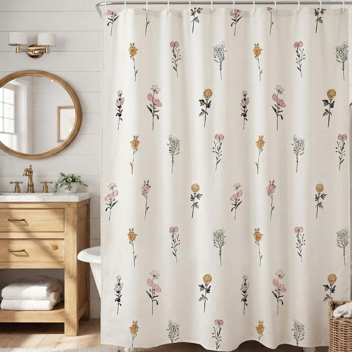 Tegeme Floral Linen Shower Curtain Vintage Cotton Linen Cottagecore Shower Curtain with Hooks Bathroom Decor for Cute Preppy Aesthetic Boho French Country Spring Housewarming Gift 72 x 72 Inch