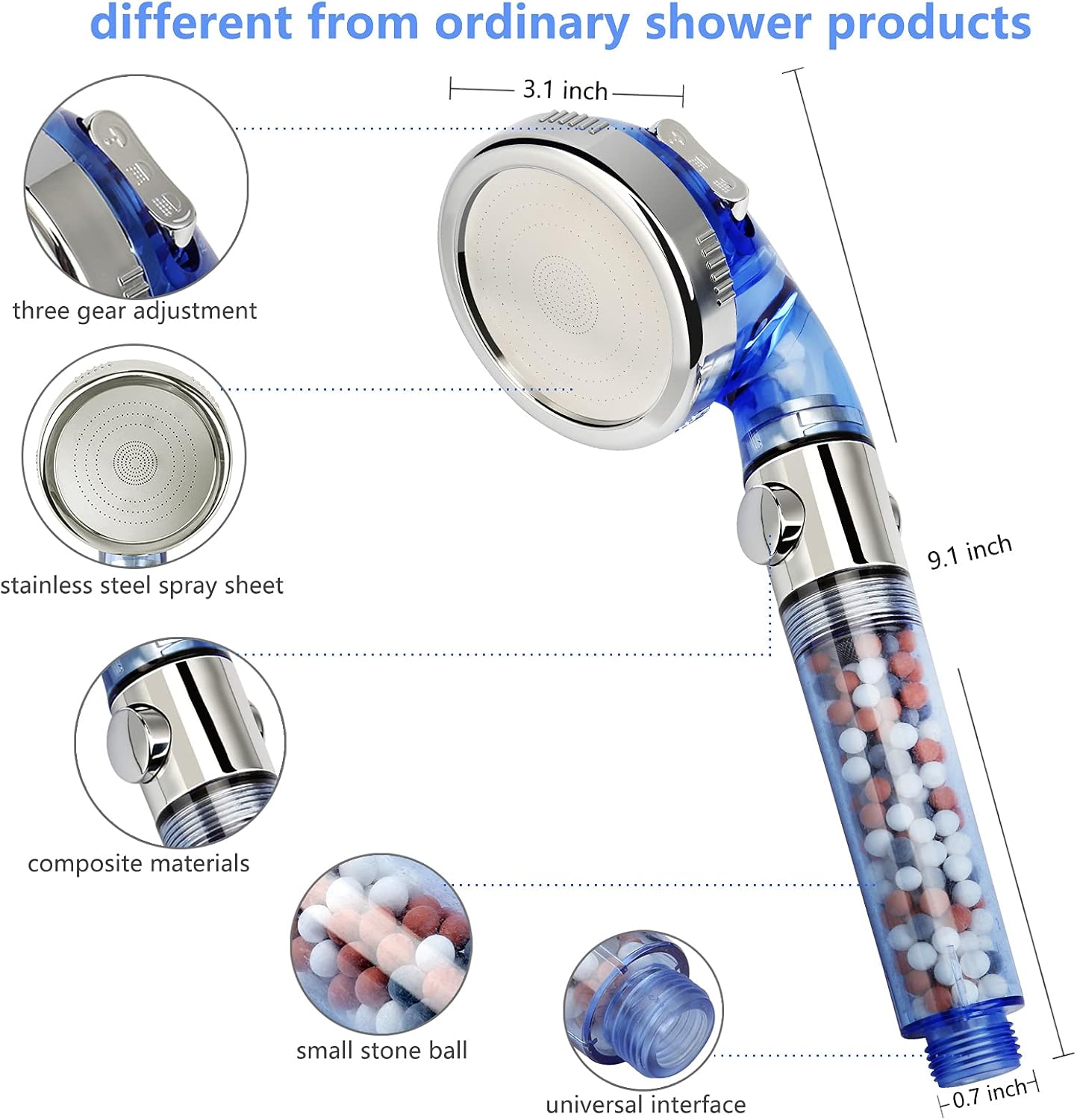 REHAVE Jetting Shower Head, Modern Style, 3 Mode Shower Sprayer, High Pressure, Polished Finish, ABS Material, Mineral Stone Beads, 1 Spray Setting, 1.5" Diameter