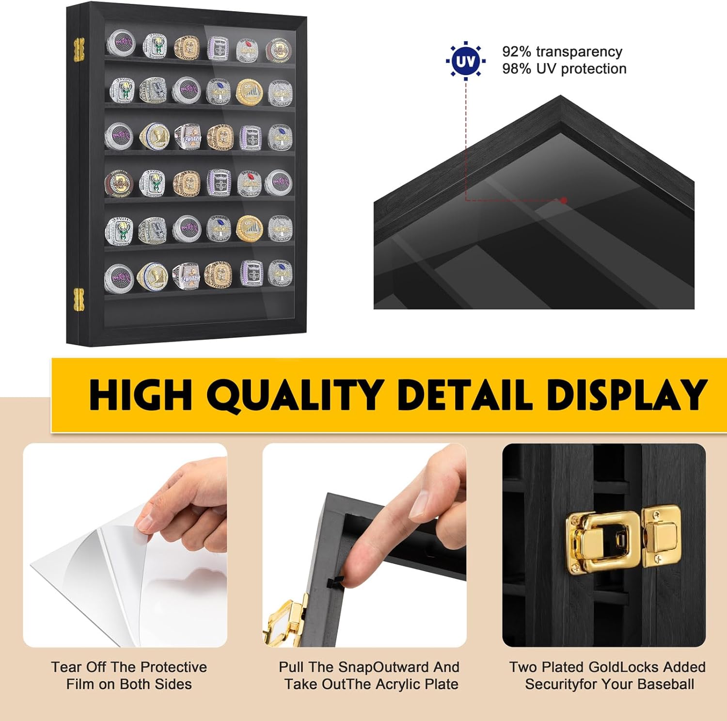 Championship Ring Display Case, 36 Ring Posts Sports Ring Display Case Wooden Shadow Box for Baseball Basketball Football Softball Award Rings Fan Souvenirs