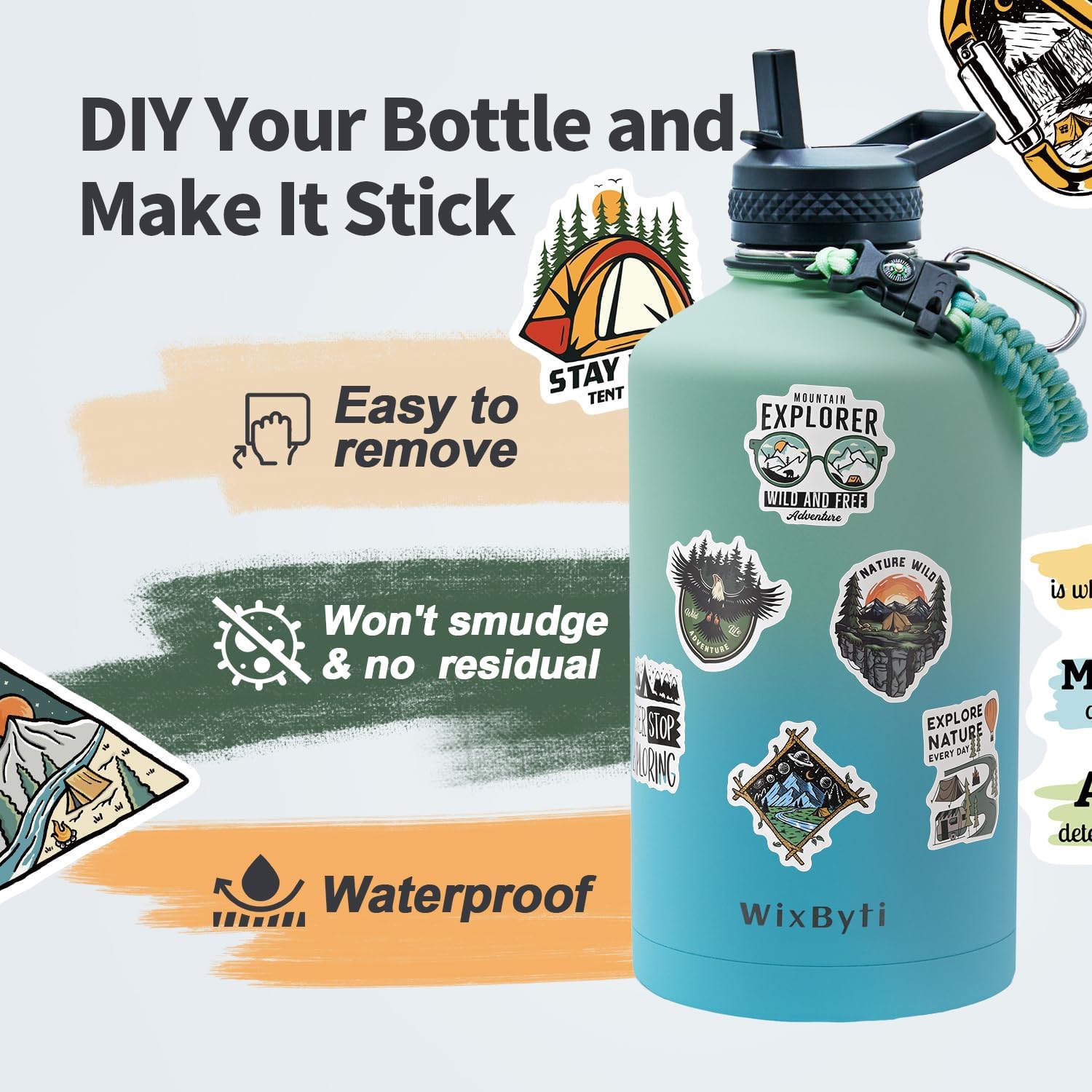 One Gallon Water Bottle Insulated, Triple Wall Vacuum Cold for 48 Hrs & Leak-proof & Non-BPA, 128oz Large Sports Stainless Steel Water Jug with Paracord Handle Straw Spout Lids & DIY Stickers - Image 5