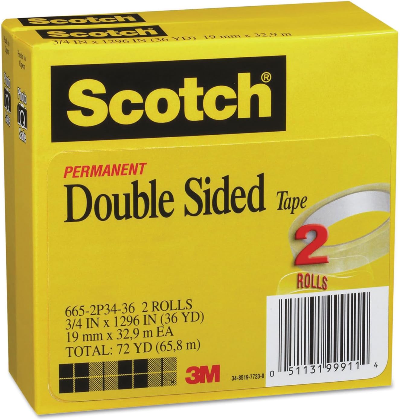 Scotch 6652P3436 Double-Sided Tape, 3/4-Inch x 1296-Inch, 3-Inch Core, Transparent, 2/Pack