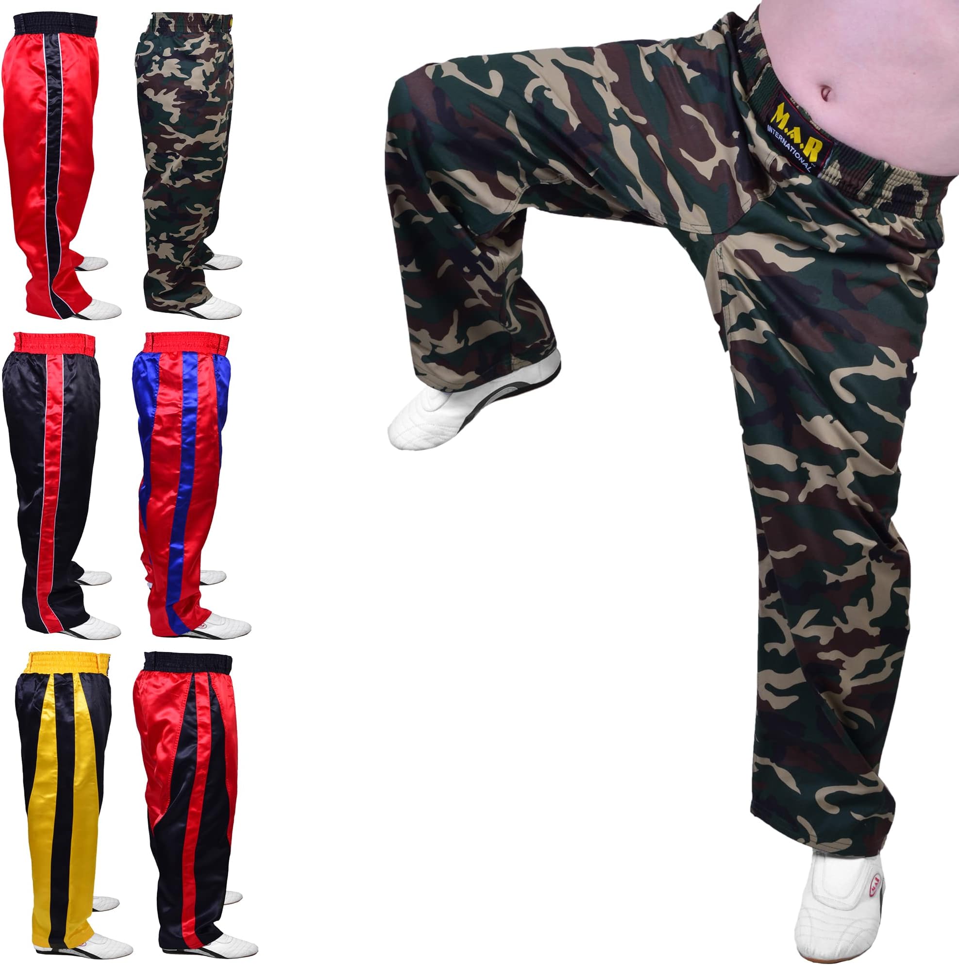 MAR | Full Contact Designer Trousers, Tracksuit Bottoms; Boxing, Thai, Fitness, Kickboxing & Karate Pants; Polyester Satin Fabric, Elasticated Drawstring Waistband Pants