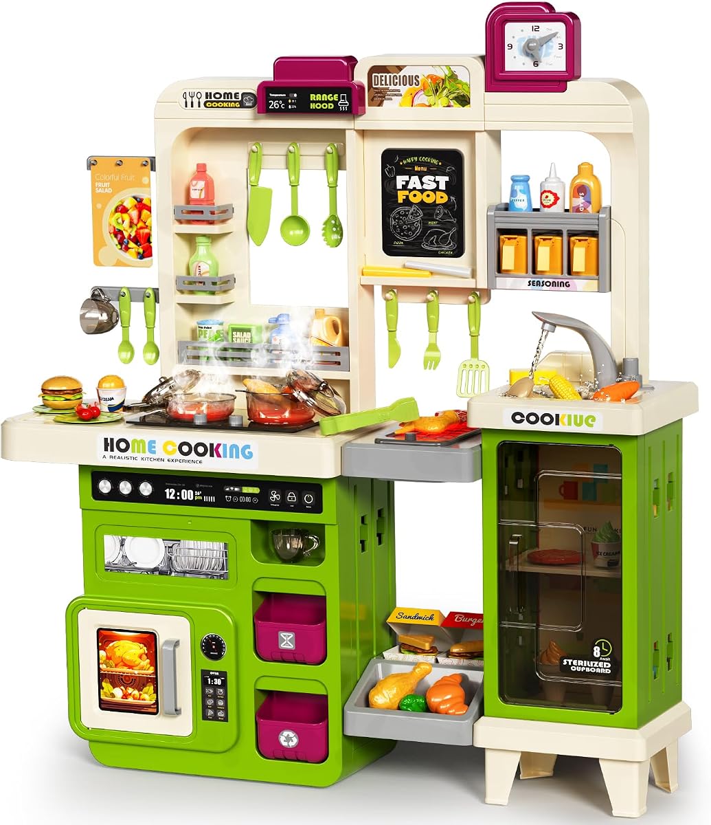 Pupu Pig Kids Kitchen Playset, Play Kitchen with Toy Stove, Grill, Sink, Play Food, ToyKitchen Accessories, Kitchen Interactive Play with Lights Sound Steam, Cooking Toys for Toddler Kid Gifts