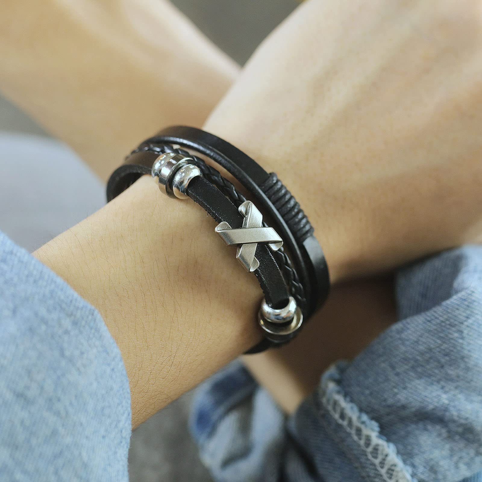 Pulsera de Hombre Pulsera de Cuero Pulsera de Acero Inoxidable Pulsera Trenzada Pulsera de Cuero Trenzada Multicapa Vintage en Forma de X
