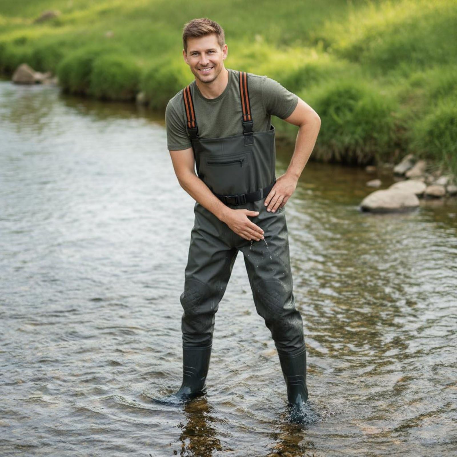 Gralara Waders da Pesca Rinforzato Waders Impermeabili Suola Antiscivolo Salopette da Pesca Impermeabile per Acque Basse, Green, 42