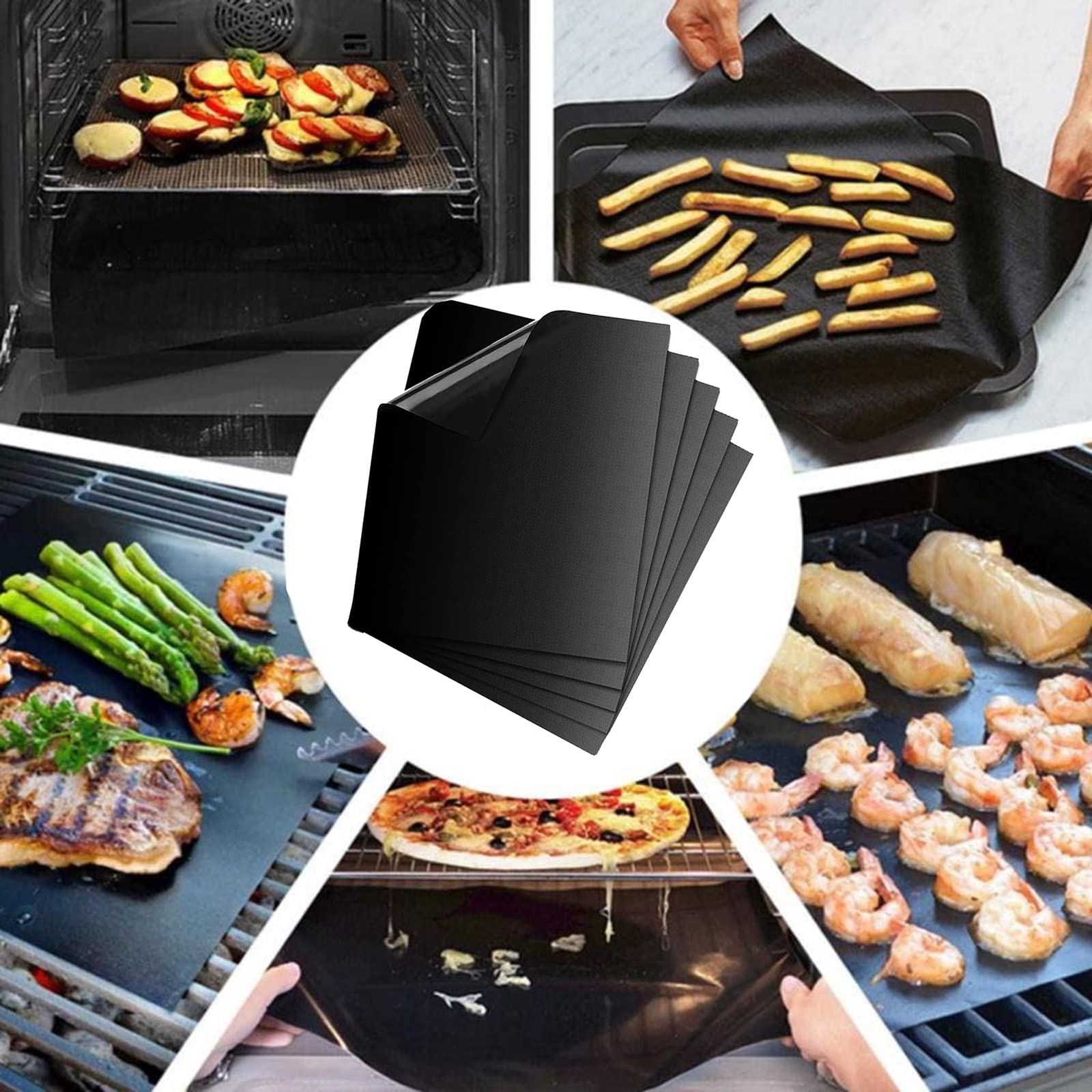 Miedziana mata do grillowania i szczotka do grilla nieprzywierająca mata do grillowania i maty do pieczenia – wielokrotnego użytku, łatwe do czyszczenia – PTFE Teflonowy grill z włókna teflonowego do grilla gazowego/węgla drzewnego, czarne