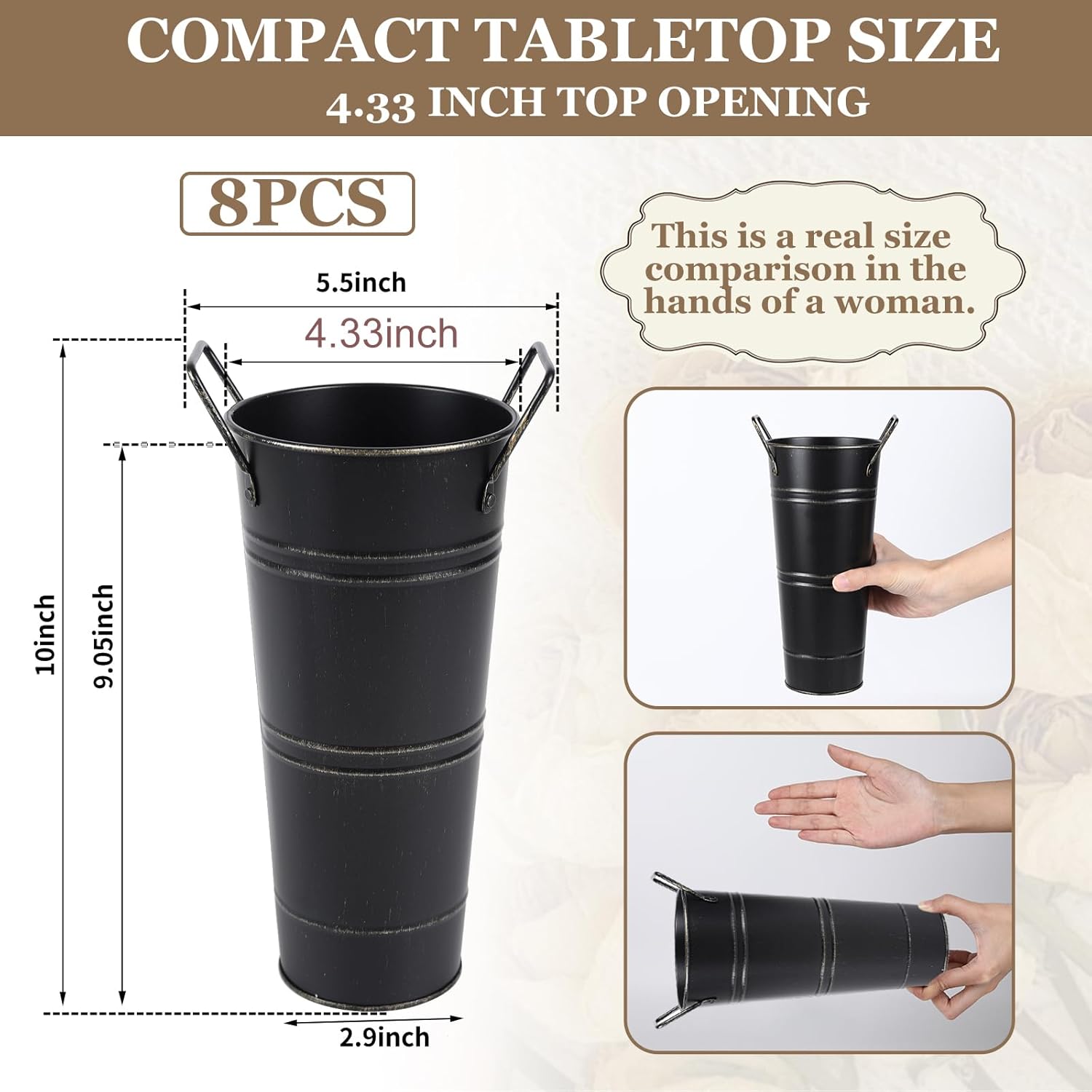 10" Tall, 4.33" Top Diameter – Tabletop Size Floral Buckets for Flower Bar, Bouquet Bar & Event Displays – Galvanized Flower Bucket 8 Pack – Rust Resistant Metal with Liner, Black Black 8pcs 10 inch Height