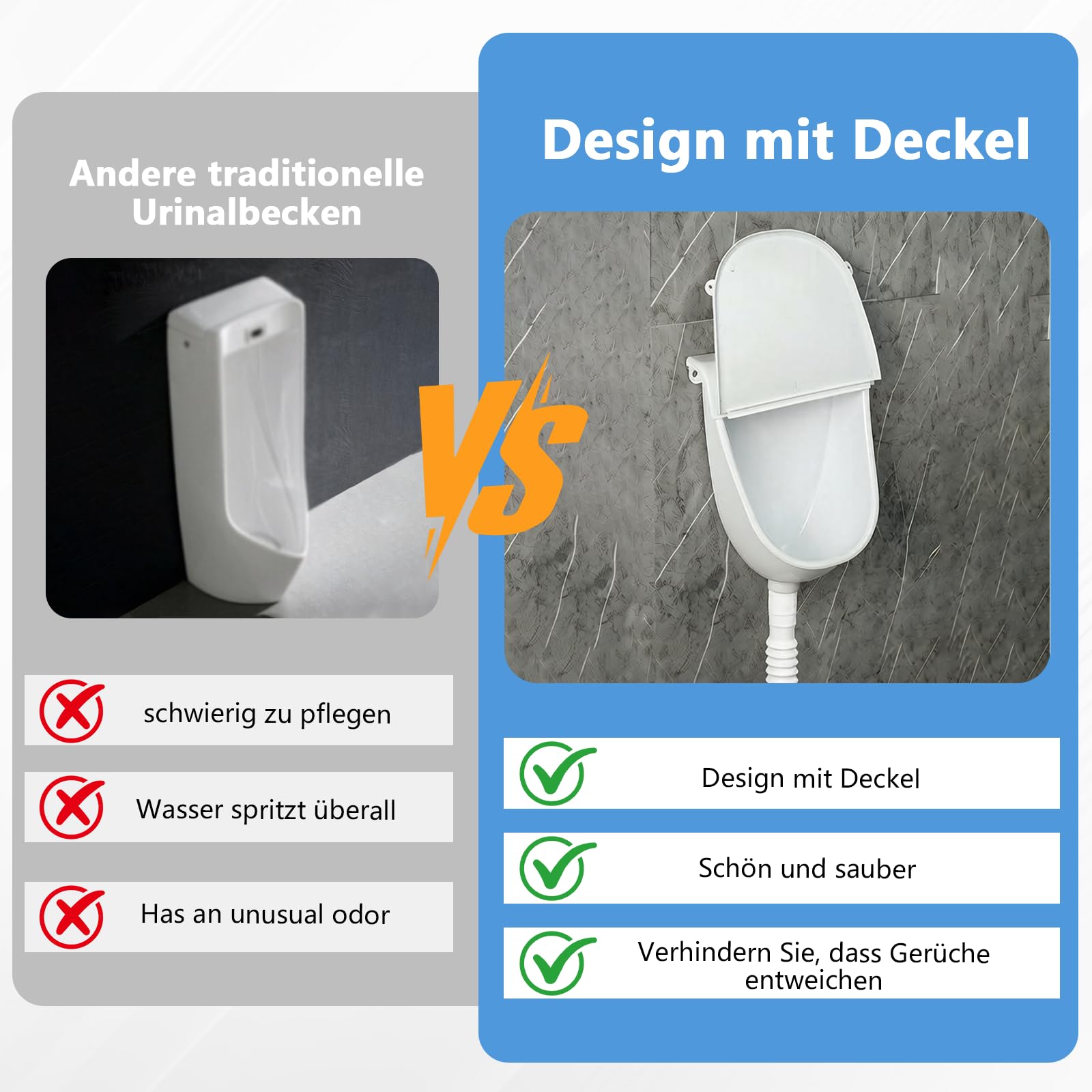 Kunststoff Urinal mit Deckel, Wandpissbecken Ohne Bohren für Herren mit Spritzschutzdeckel,Ablaufschlauch,Spülventil und Spüldüse für Zuhause,Studentenwohnheime,Wohnmobile und den Garten