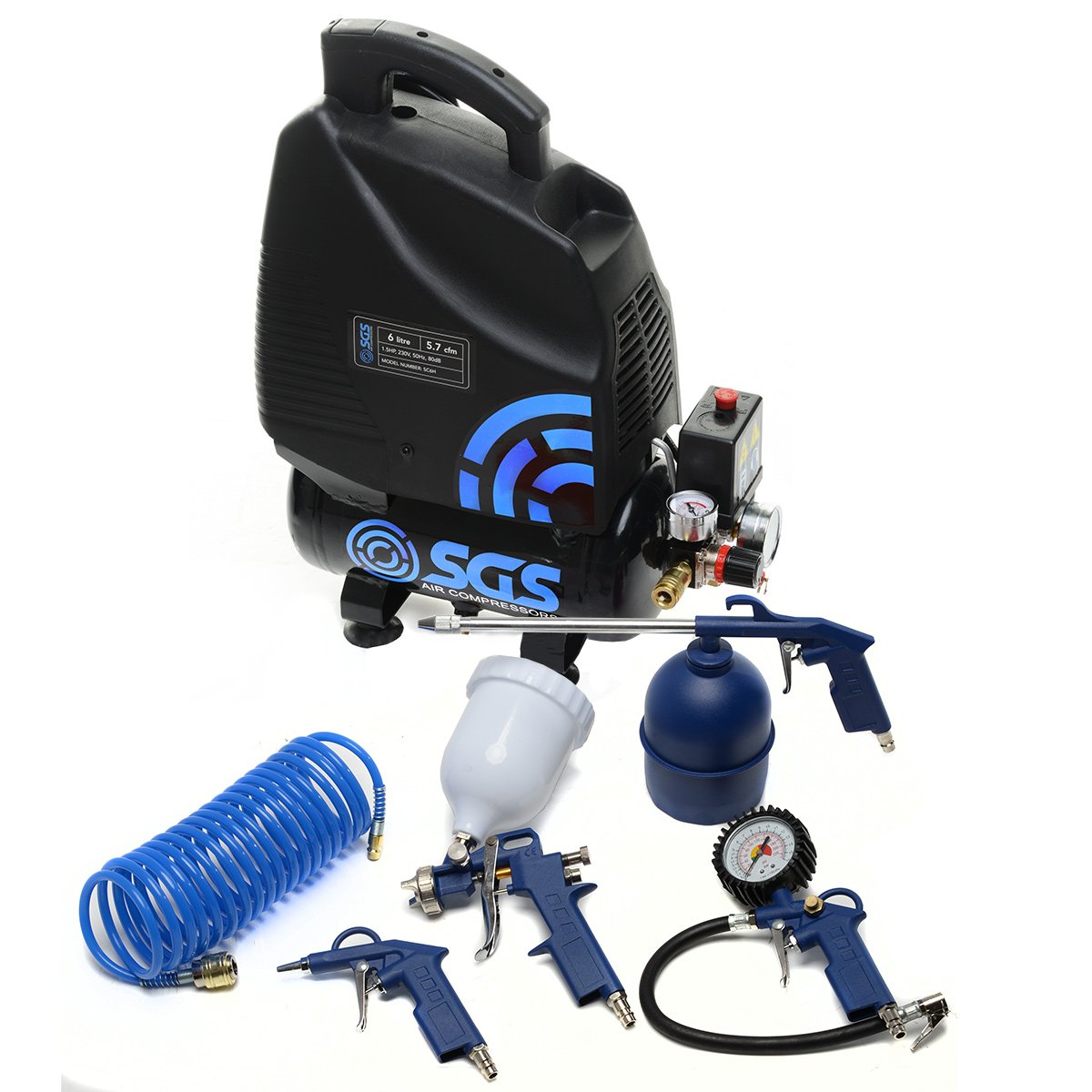 Sgs Blue 6 Litre Oil-Less Direct Drive Air Compressor With 5 Piece Tool Kit – Portable For Diy And Workshop Use, 1.5Hp, 5.7 Cfm, 116 Psi