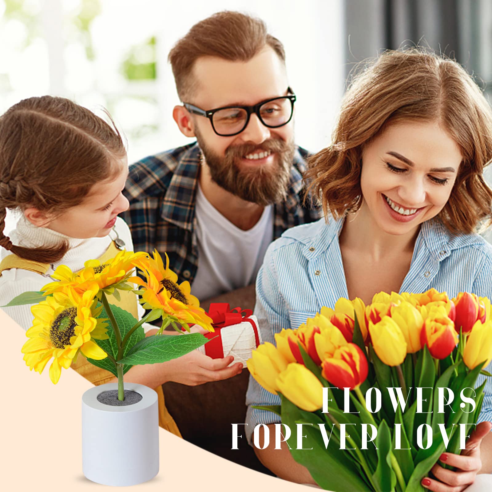 Lampada da tavolo a forma di girasoli, 3 teste con 27 LED, dimmerabile, luce notturna, ricaricabile tramite USB, con base, per camera da letto, soggiorno, scrivania, luce calda
