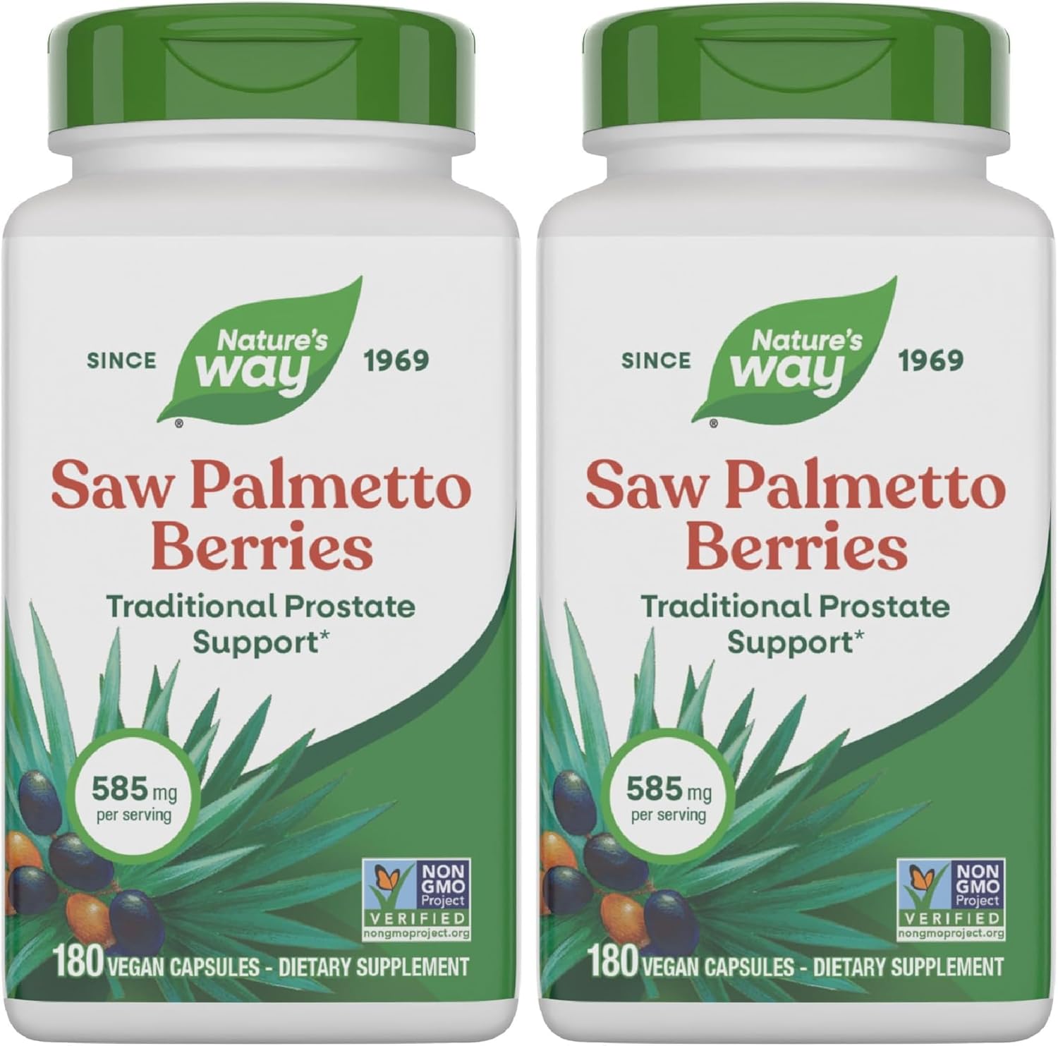 Nature's Way Saw Palmetto Berries,Traditional Prostate Support*,585 mg per Serving,Non-GMO Project Verified,Vegan,180 Capsules,(Pack of 2)