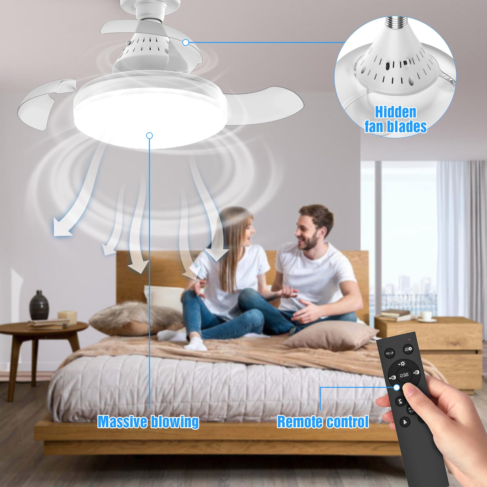 40cm Ventilador de Techo con Luz LED Regulable 30W Enchufe E27, Aspas Invisibles con Control Remoto, 4 Velocidades Ajustables 3 Temperaturas de Color 2400lm, para Dormitorio Salón Cocina Pasillo (A)
