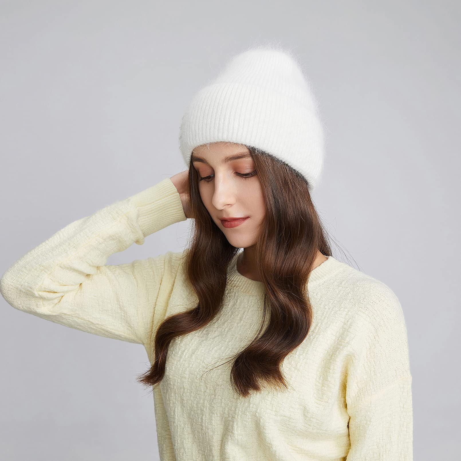 BeFur Bonnet à pompon en cachemire pour femme - Chaud - Côté large avec strass - Pour l'hiver, Blanc., Taille unique