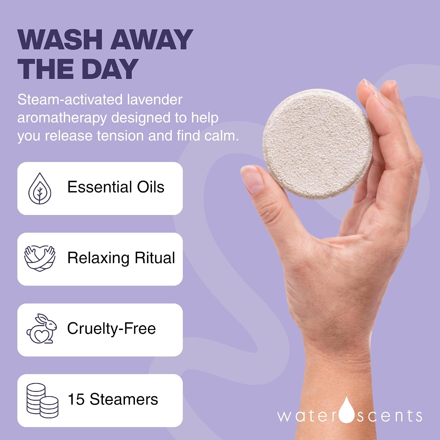 Water Scents De-Stress Shower Steamer Mist – Aromatherapy Shower Steamers with Lavender & Orange Essential Oils – Natural Self Care, Vegan, Travel Essentials, 15 Count
