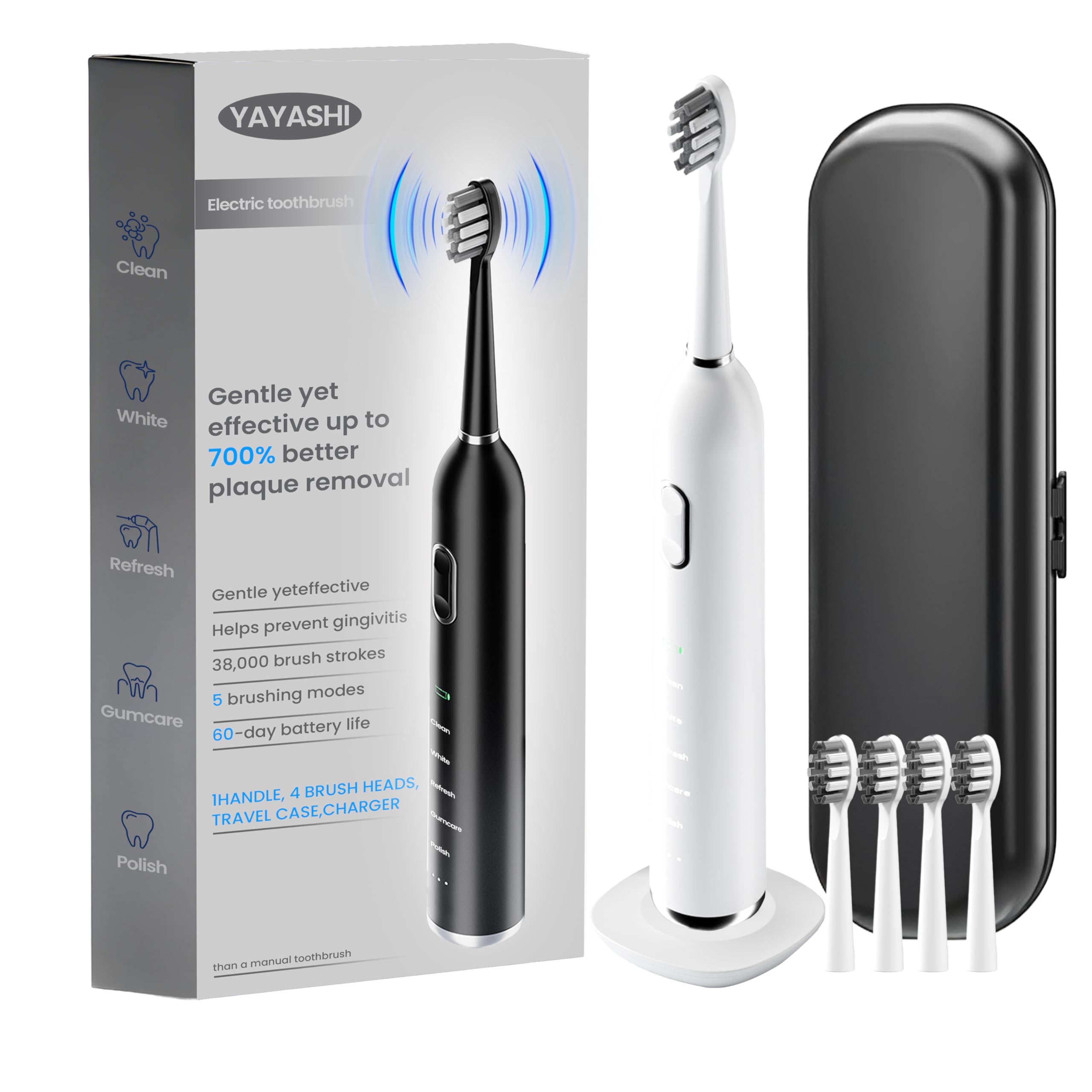 Electric Toothbrush with Pressure Sensor 5 Cleaning Modes 2 Minute Timer and QuadPacer 38000 VPM Electric Motor Wireless