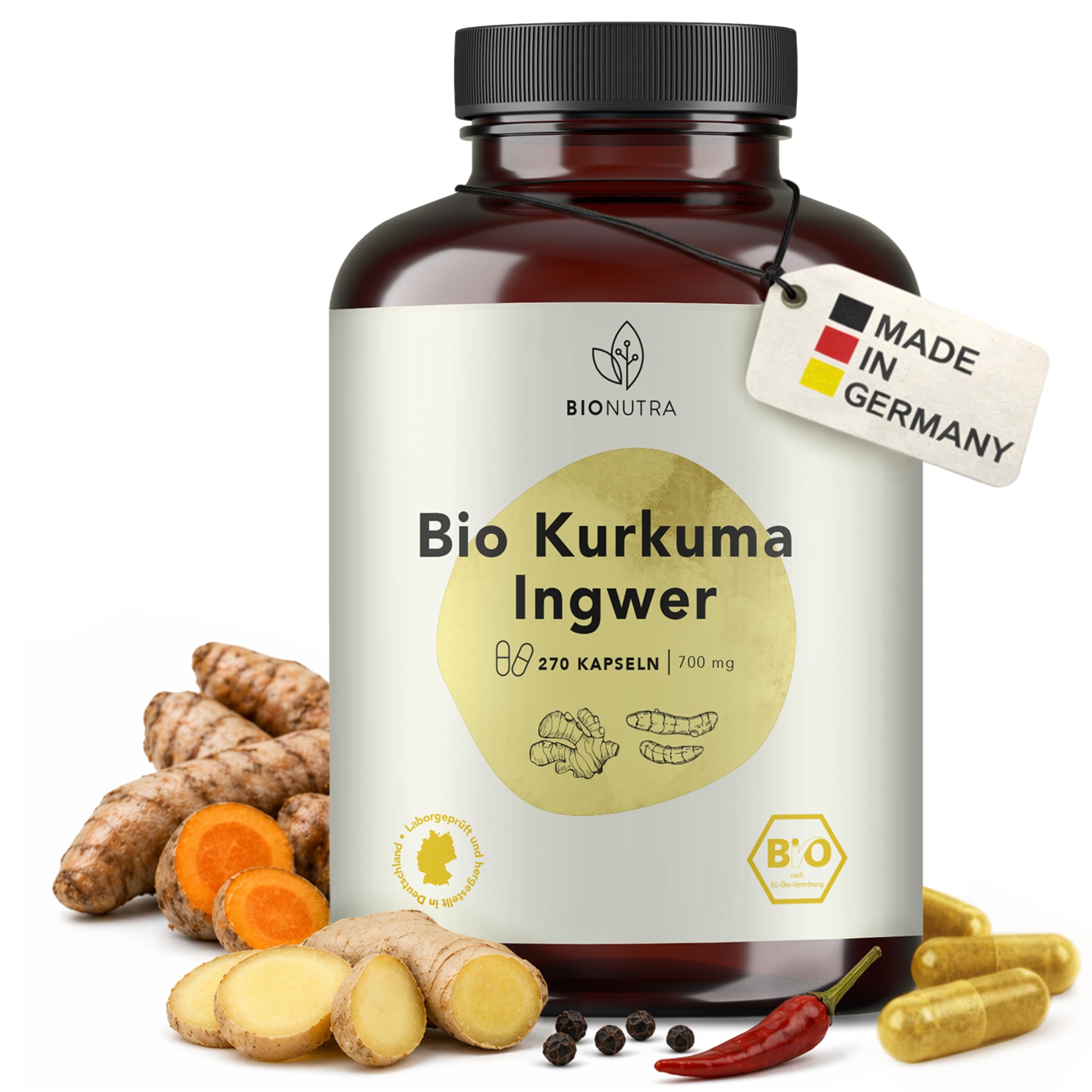 BIONUTRA Bio Kurkuma Ingwer Kapseln mit Pfeffer & Chili, 270 Stk à 700 mg | hochdosiert, rückstandskontrolliert, ohne Zusätze, vegan, deutsche Herstellung aus Kurkuma Bio und Ingwer Bio Wurzelpulver