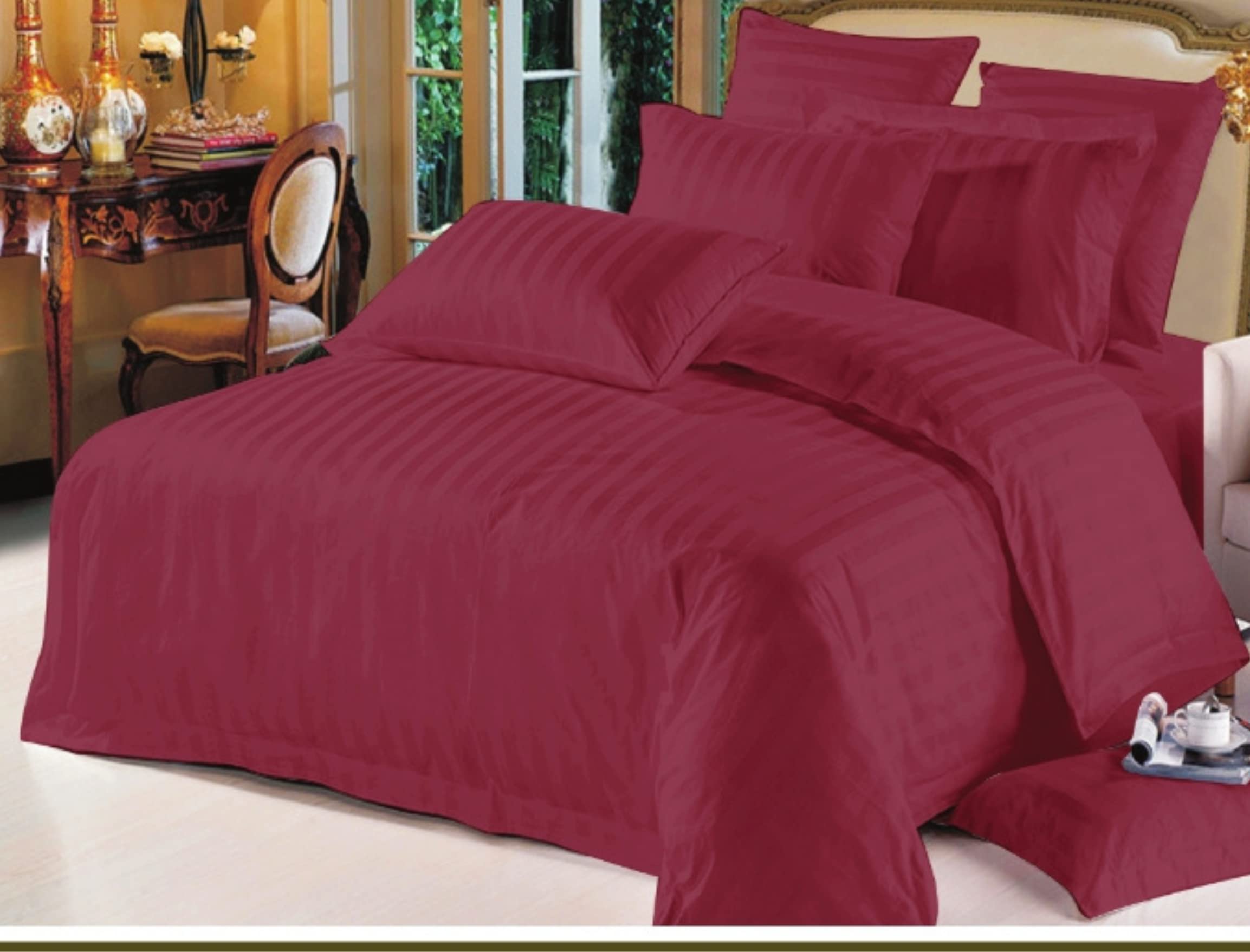 RUKH 6 Pieces Duvet Cover Set with lining Pattern â€“ King Size Bed Quilt Cover Set with 1 Bedsheet, 4 Pillow Cover, 1 Quilt Cover â€“ Luxury Cotton Bedding Set (Red)