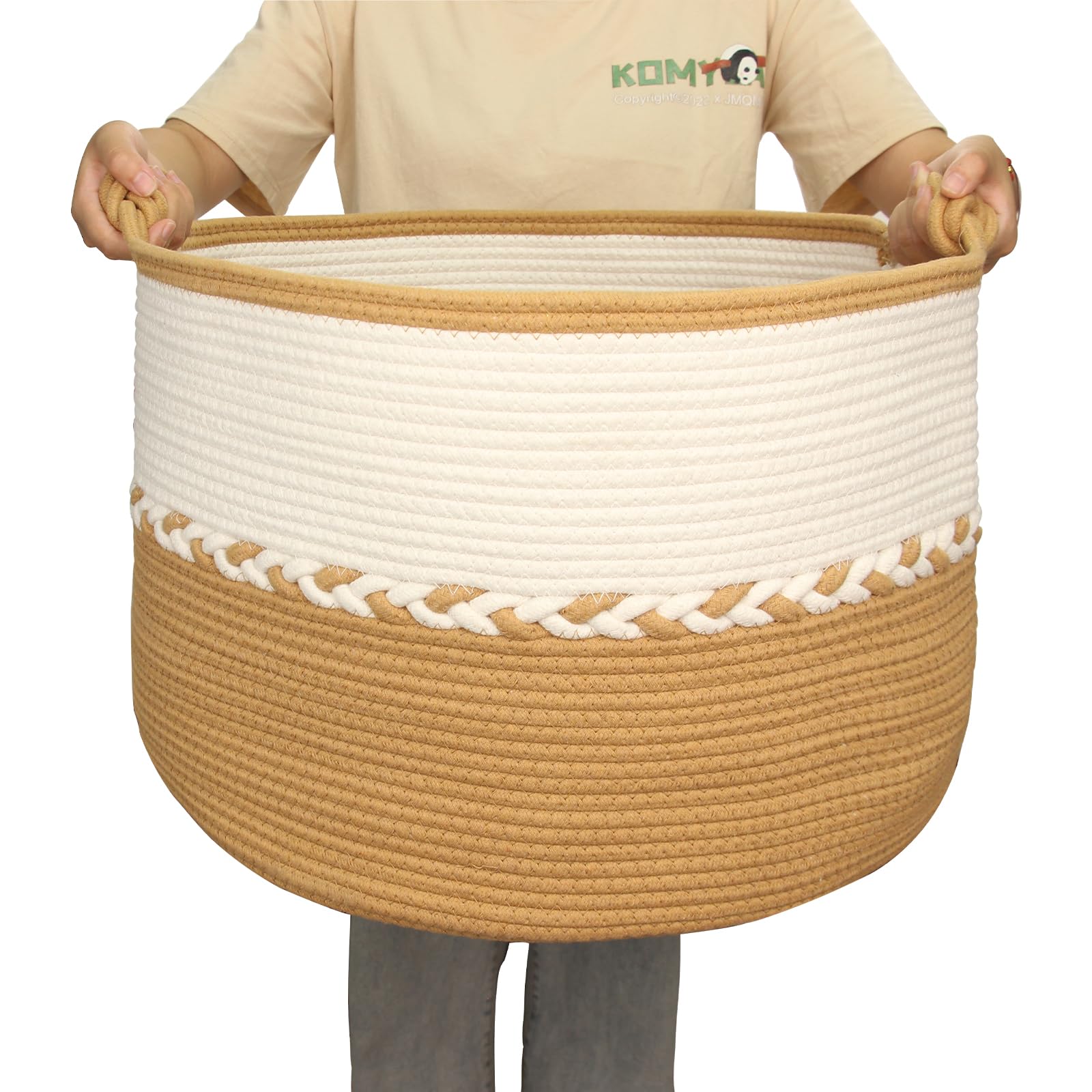 Goodheim Großer Wäschekorb aus Baumwolle XXL, Geflochtener, faltbarer & waschbarer Aufbewahrungskorb für Wäsche, Handtücher mit Handgefertigten Griffen 50x50x33 cm, Gelb&Weiß