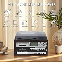 Vista 2 de All in One Vintage 3 Speed Vinyl Record Player with Built-in Speakers,Bluetooth in/Out Turntable,CD Player/Cassette/USB/TF Card,AUX in,FM/AM