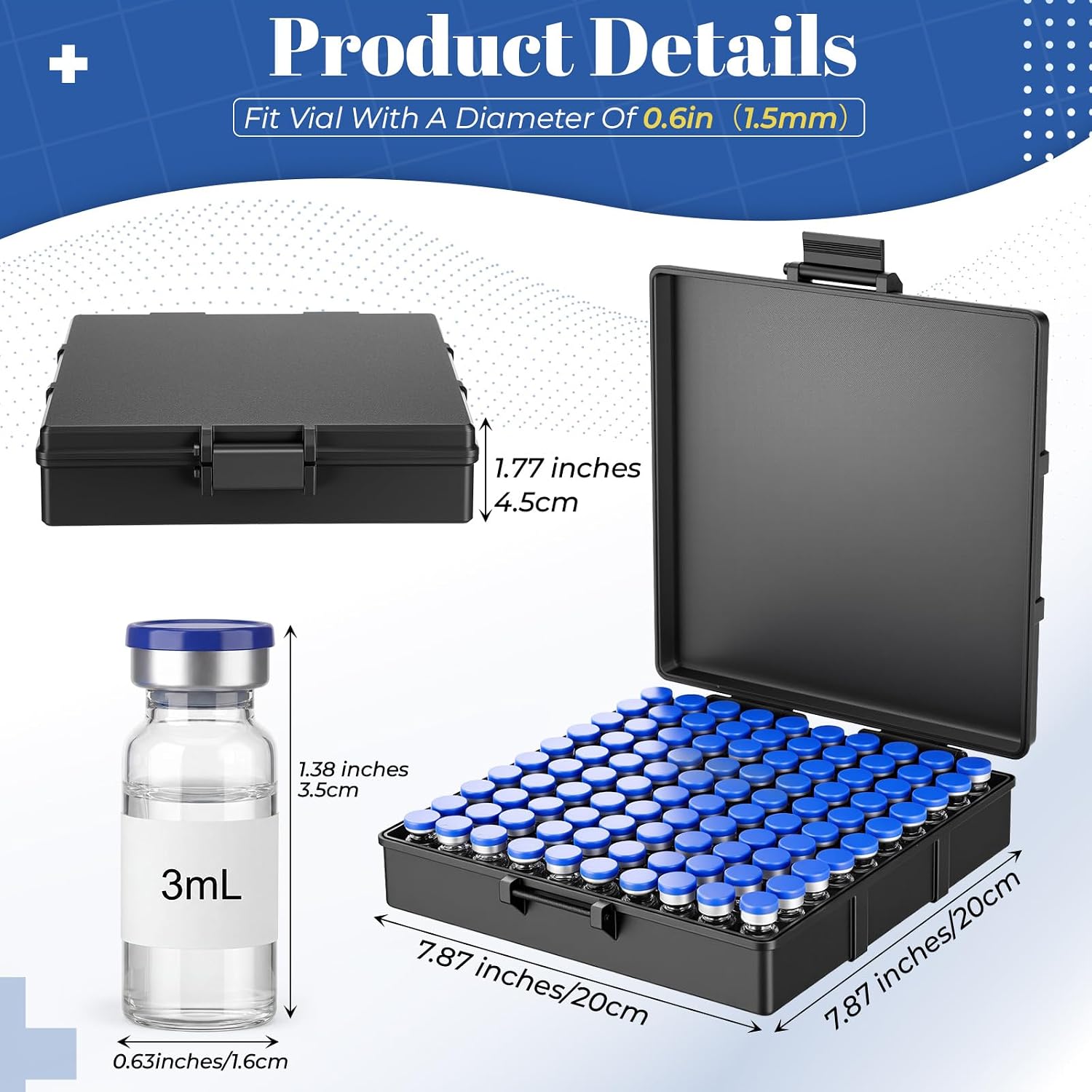 Qinyoung 100 Slot 3ml Peptide Vial Case for Reconstitution Solution & Bacteriostatic Water Fridge & Freezer Storage Hard Protector for Insulin Vials Travel Organizer with Secure Latch (8x8 Inch)