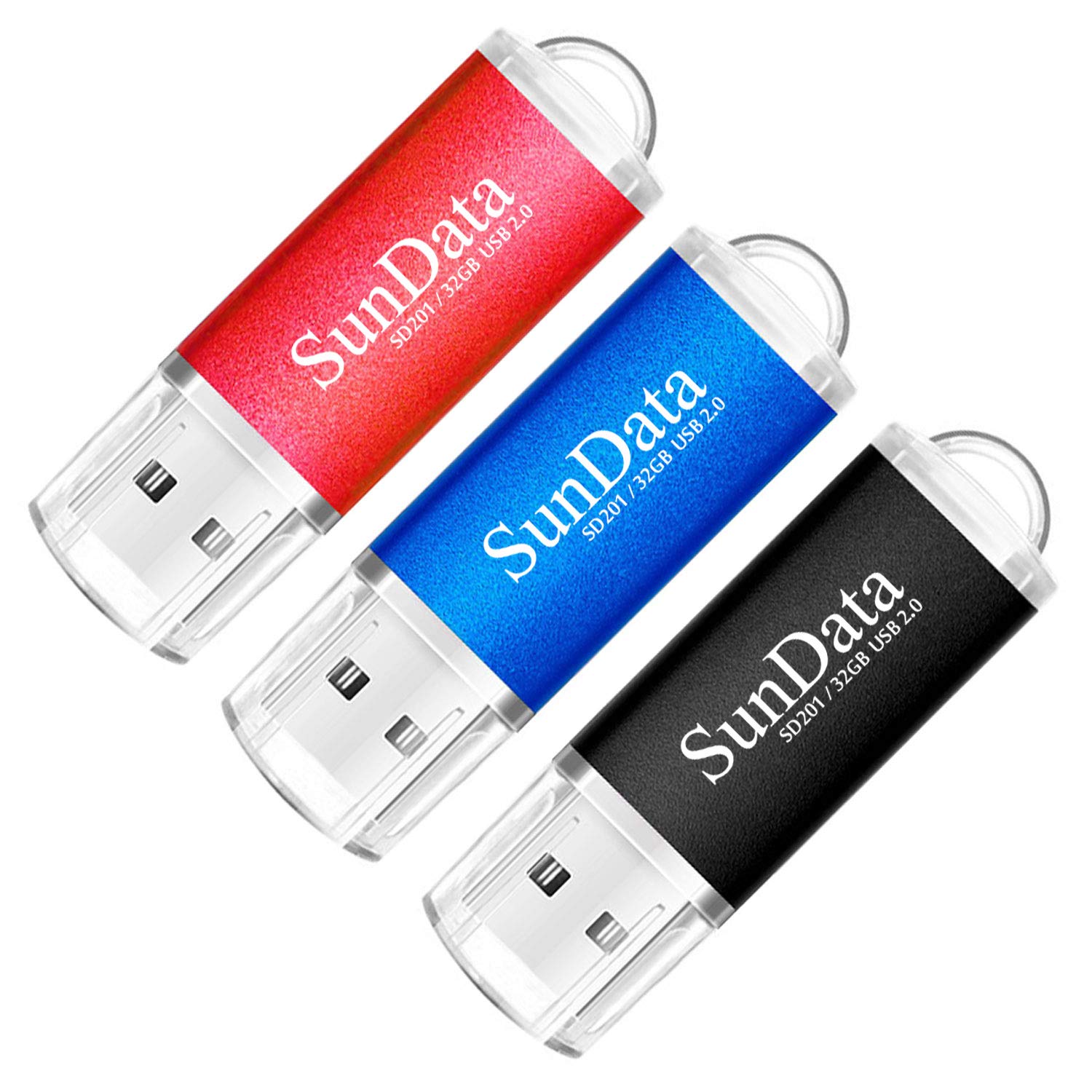 SunData32GB USB Flash Drive 3Pack 32GB USB 2.0 Memory Stick Thumb Drives Pen Drive USB Stick for Data Storage with LED Light(3 Colors: Black Blue Red)