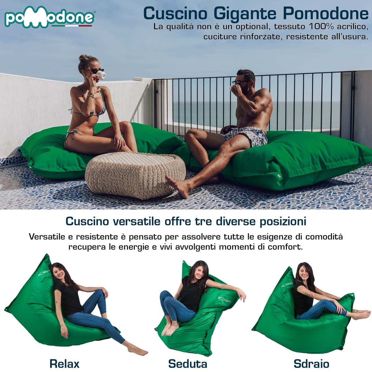 pomodone Pouf Poltrona Sacco Grande, Puffo per Sedersi Ergonomico, Pouf a Sacco Morbido in Tessuto Impermeabile, Antimacchia Comoda Poltrona a Sacco, Made in Italy pouf Verde